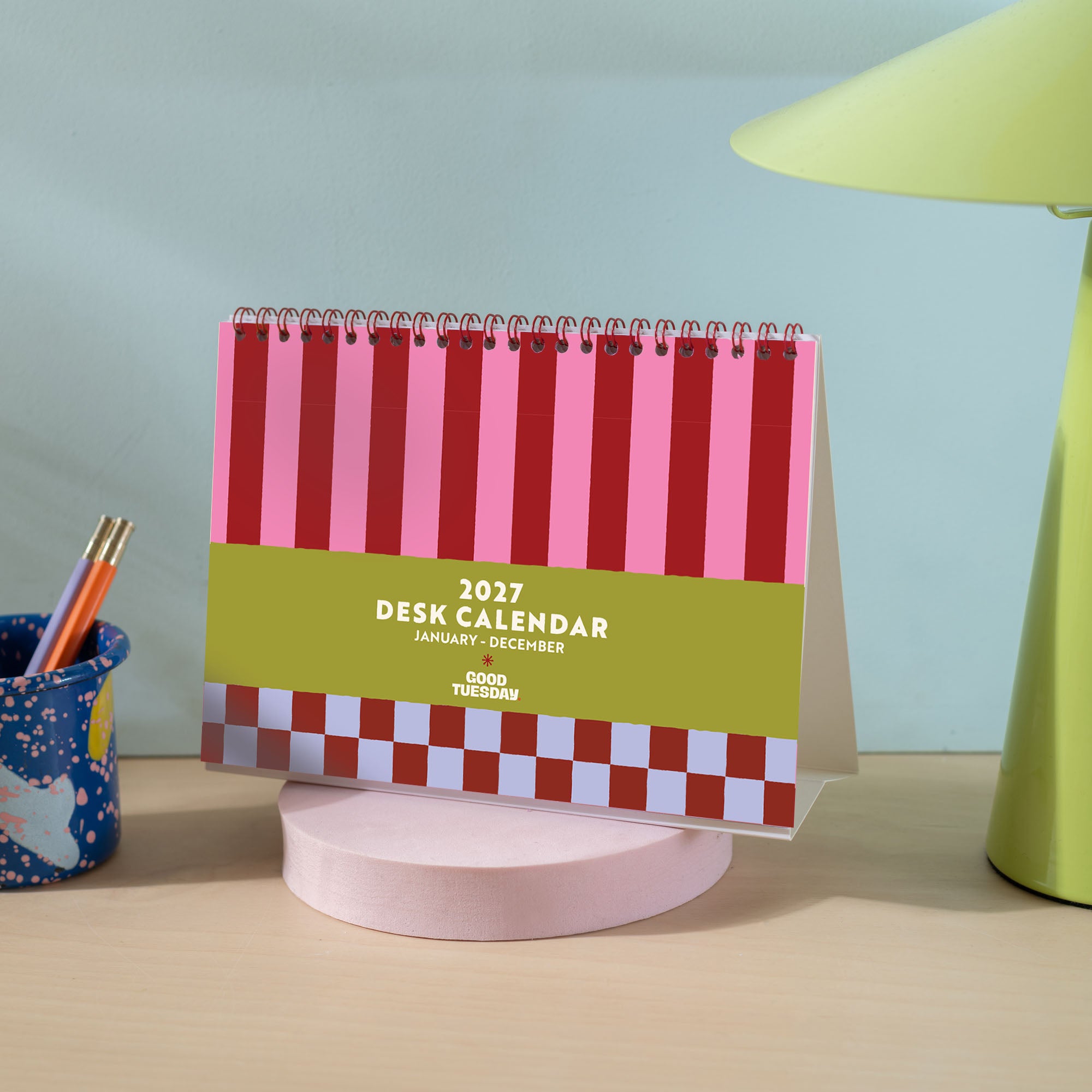 2027 Desk Calendar by Good Tuesday in Size A5 Landscape, free-standing, January - December, in design Checks and Stripes