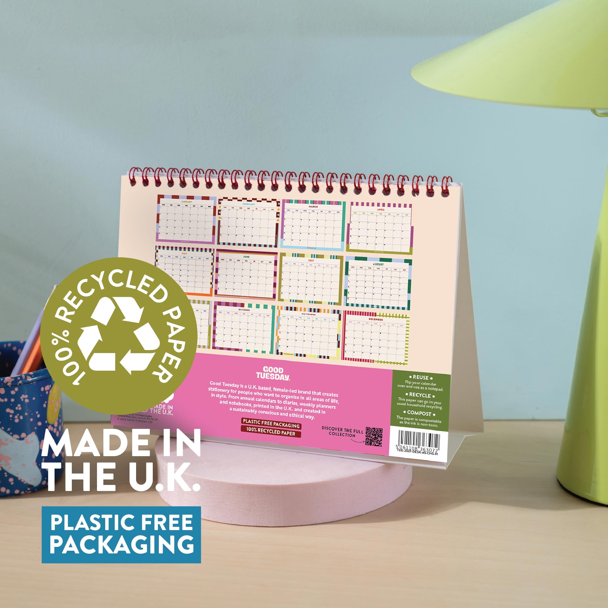 Inner Page of 2027 desk calendar showing the monthly grid layout, made in the UK, 100% recycled paper plastic free packaging in design Checks and Stripes
