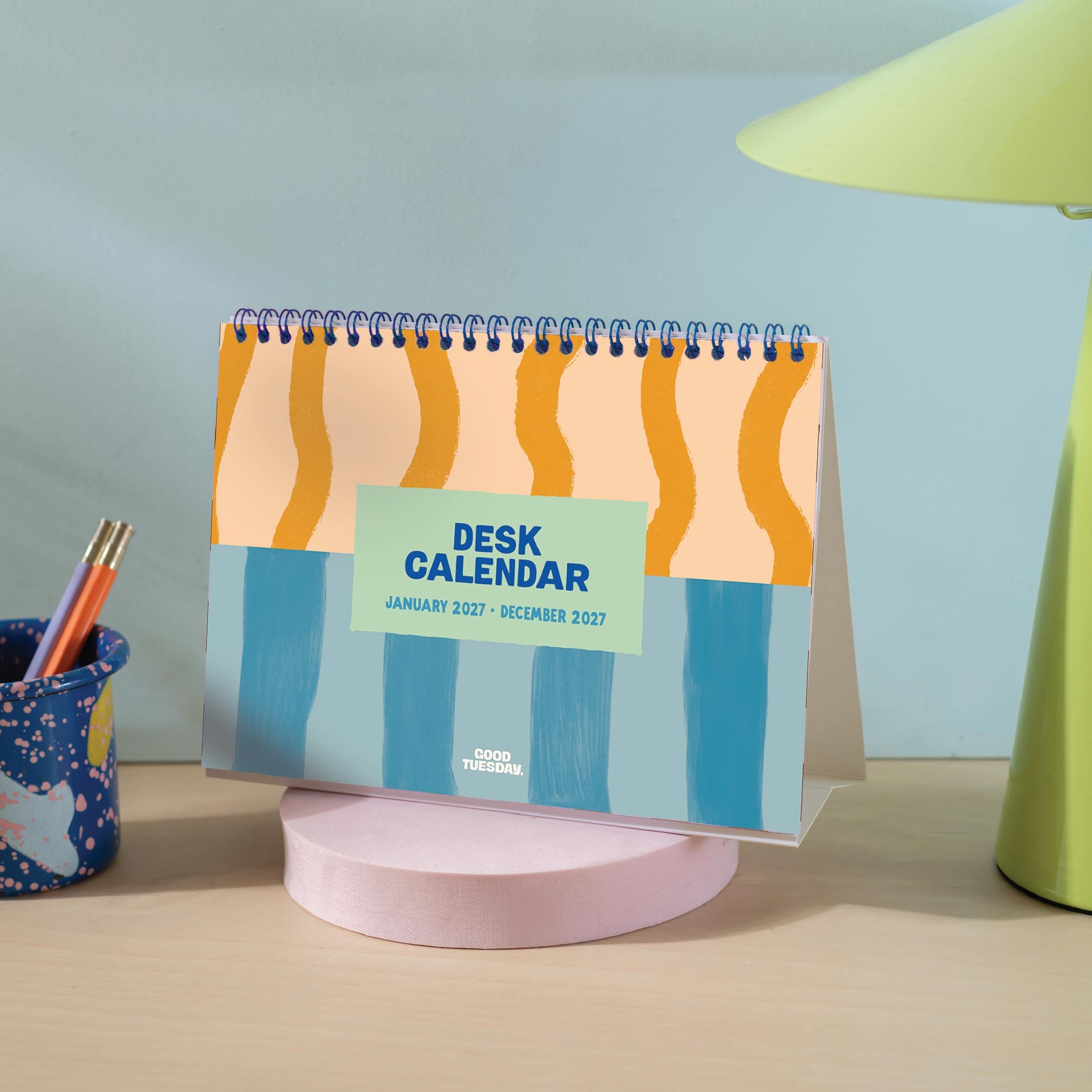 2027 Desk Calendar by Good Tuesday in Size A5 Landscape, free-standing, January - December, in design Coastal Stripe