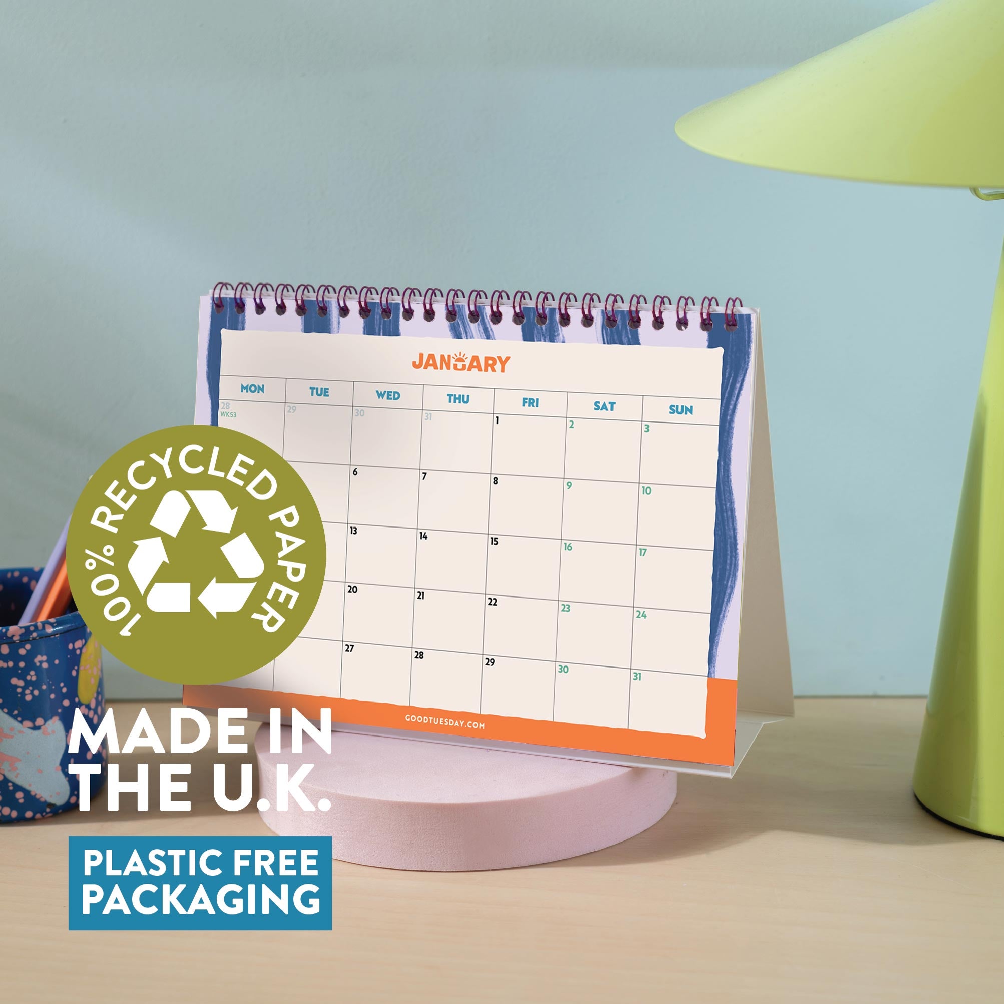 Inner Page of 2027 desk calendar showing the monthly grid layout, made in the UK, 100% recycled paper plastic free packaging in design Coastal Stripe