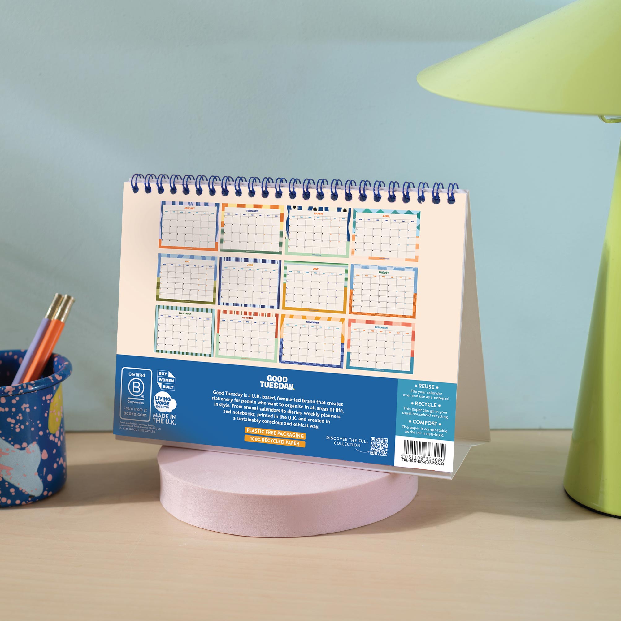 Back cover of the 2027 Desk Calendar showing the full 12 month layout in design Coastal Stripe