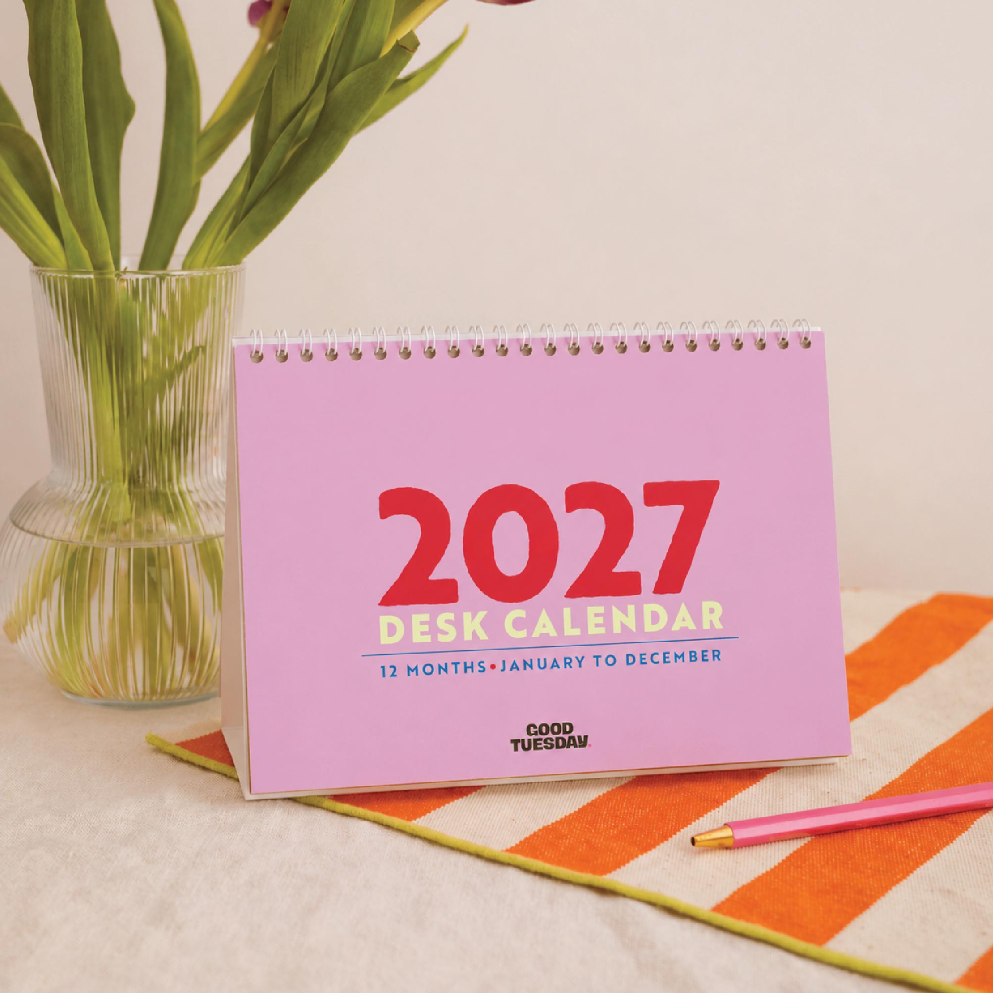 2027 Desk Calendar by Good Tuesday in Size A5 Landscape, free-standing, January - December, in design Colourburst