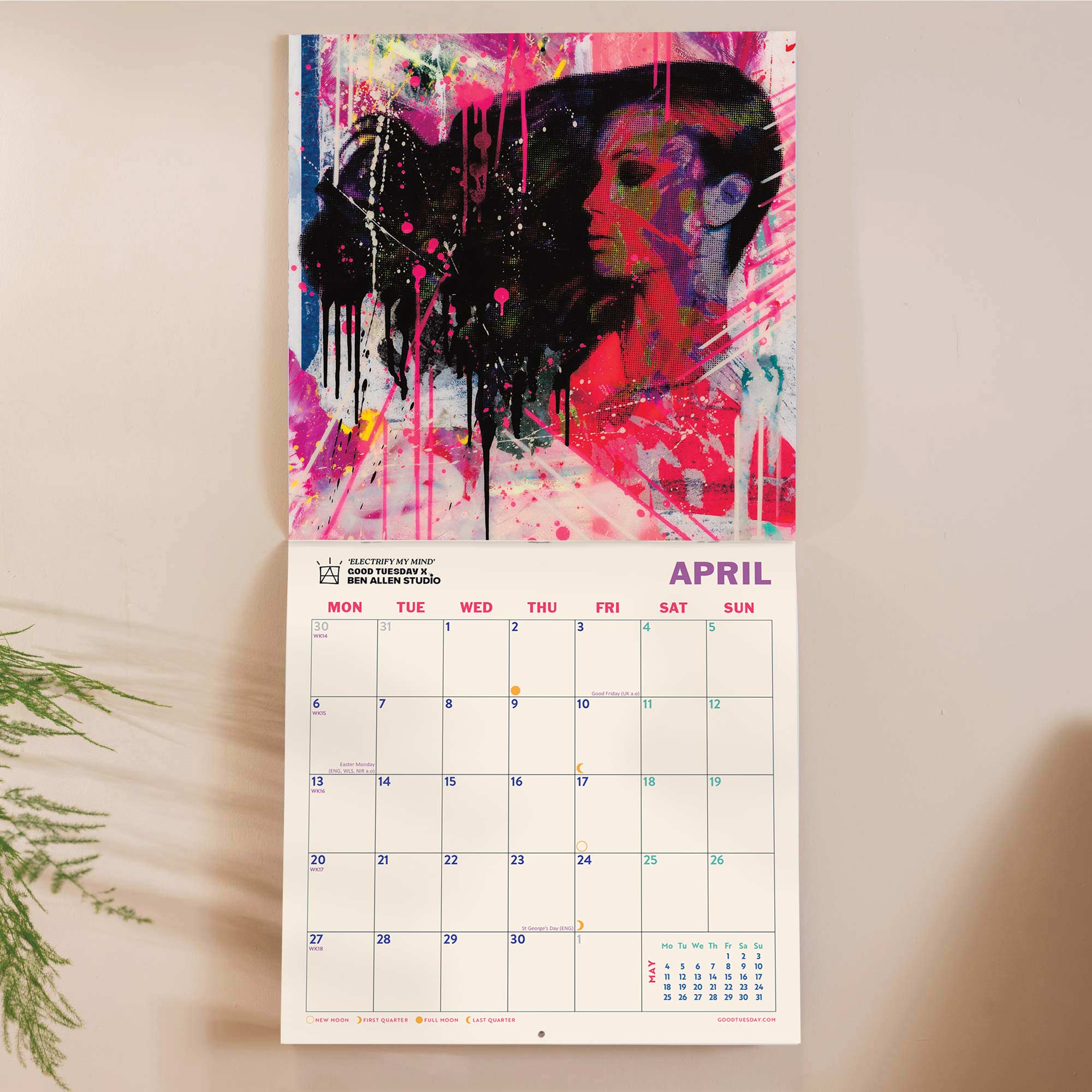 Inside of the Ben Allen Art 2026 calendar. Large monthly grid with week numbers, bank holidays, and lunar phases.
