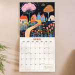 Inside of the Folk Art Plantscapes 2026 calendar. Large monthly grid with week numbers, bank holidays, and lunar phases.