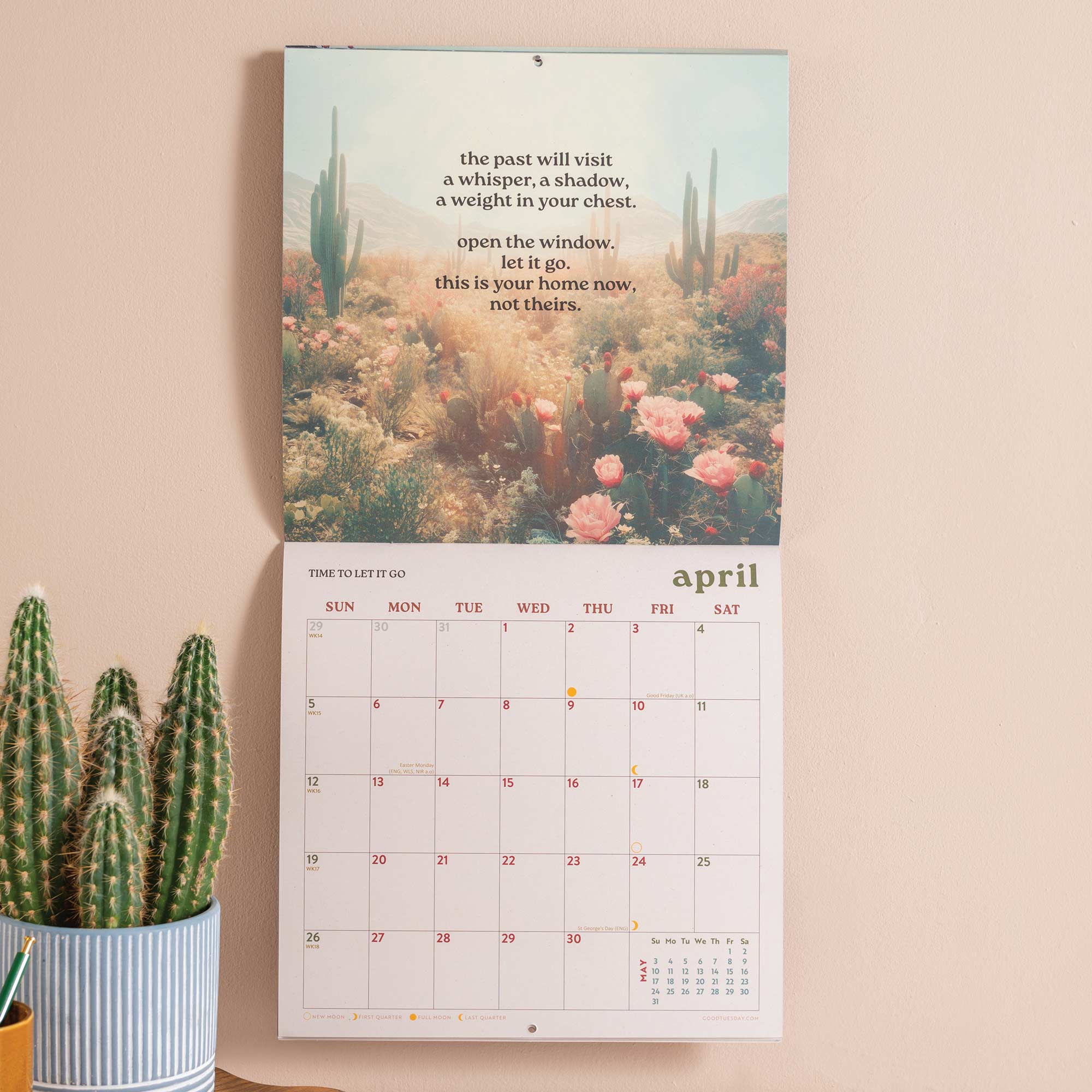 Good Tuesday 2026 calendar with a floral and cactus image, and an inspiring quote 