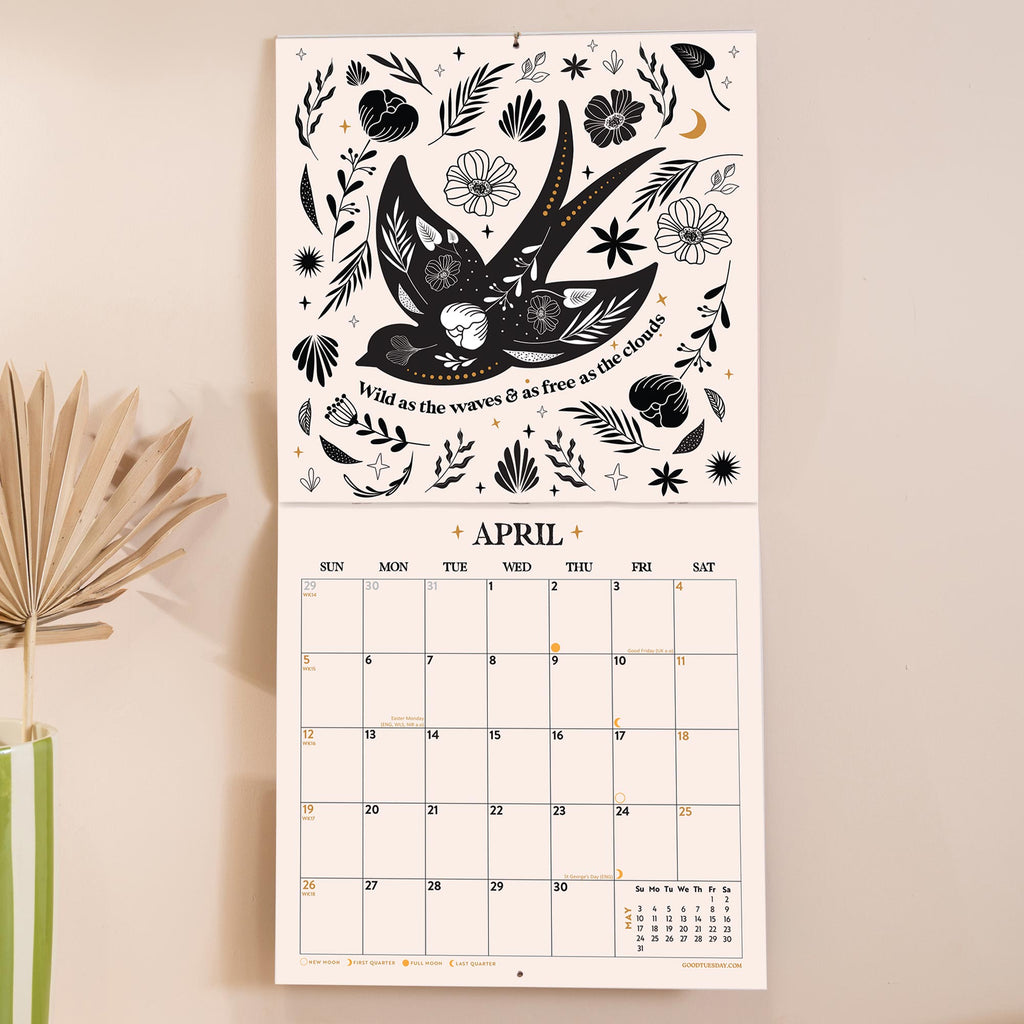 Inside of the Mystical Creatures 2026 calendar. Large monthly grid with week numbers, bank holidays, and lunar phases.