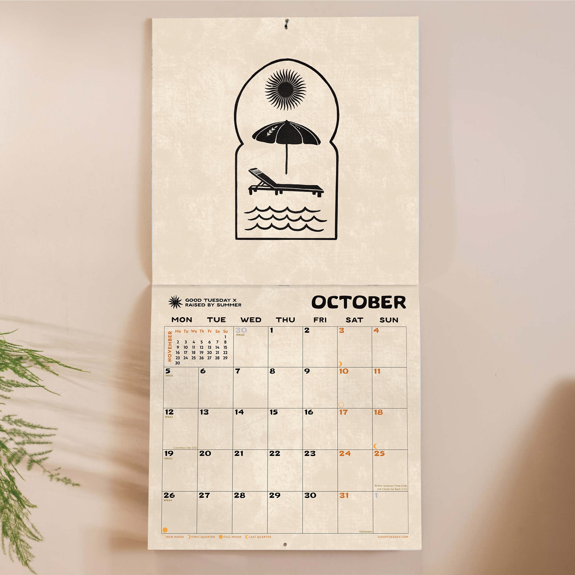 Inside of the Surf Art 2026 calendar. Large monthly grid with week numbers, bank holidays, and lunar phases.