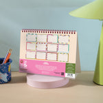 Back of flip desk calendar with sturdy base and spiral bound pages