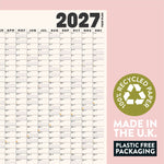 2027 Black & White Wall Planner on recycled paper with 'Made in the U.K.' and 'Plastic Free Packaging' text.