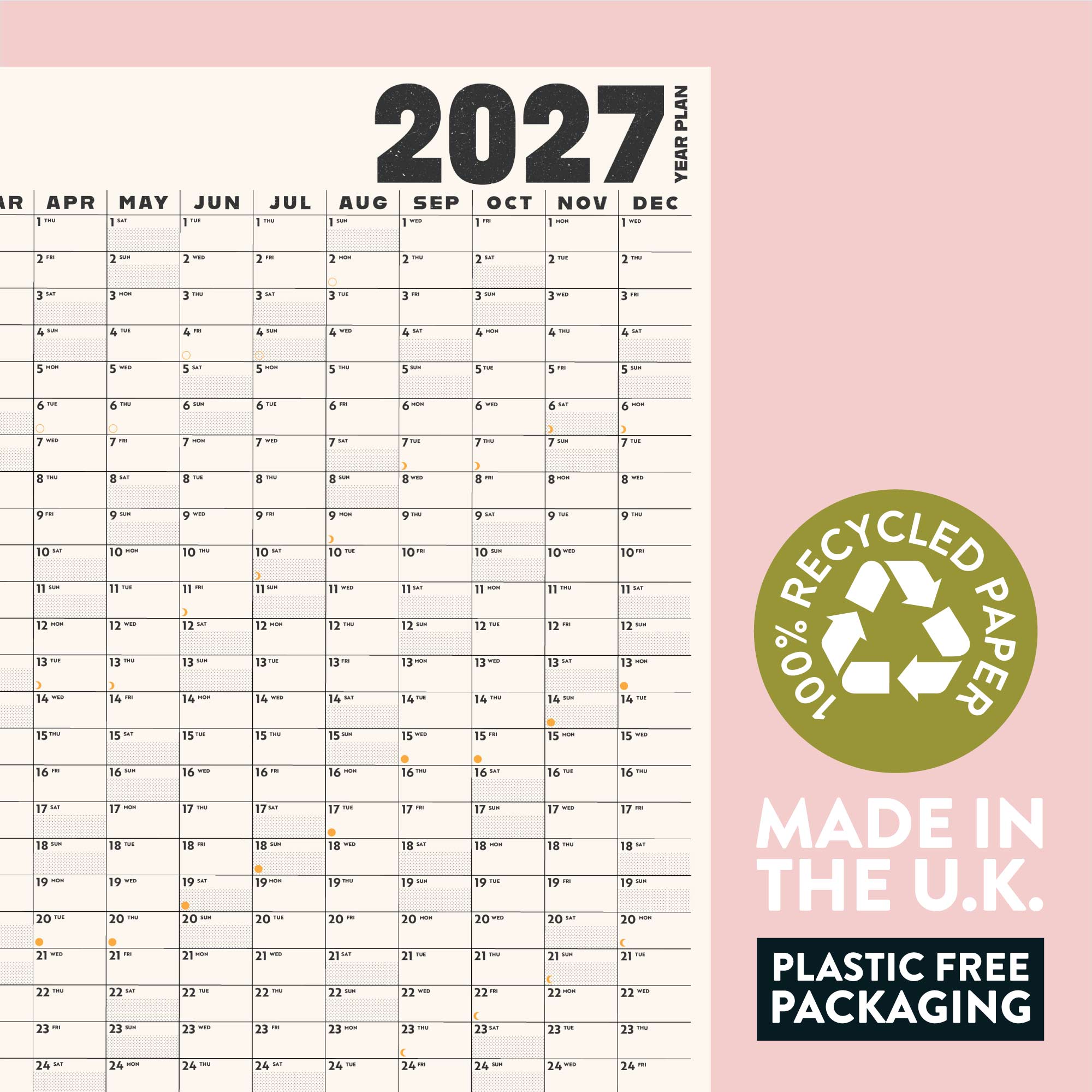 2027 Black & White Wall Planner on recycled paper with 'Made in the U.K.' and 'Plastic Free Packaging' text.