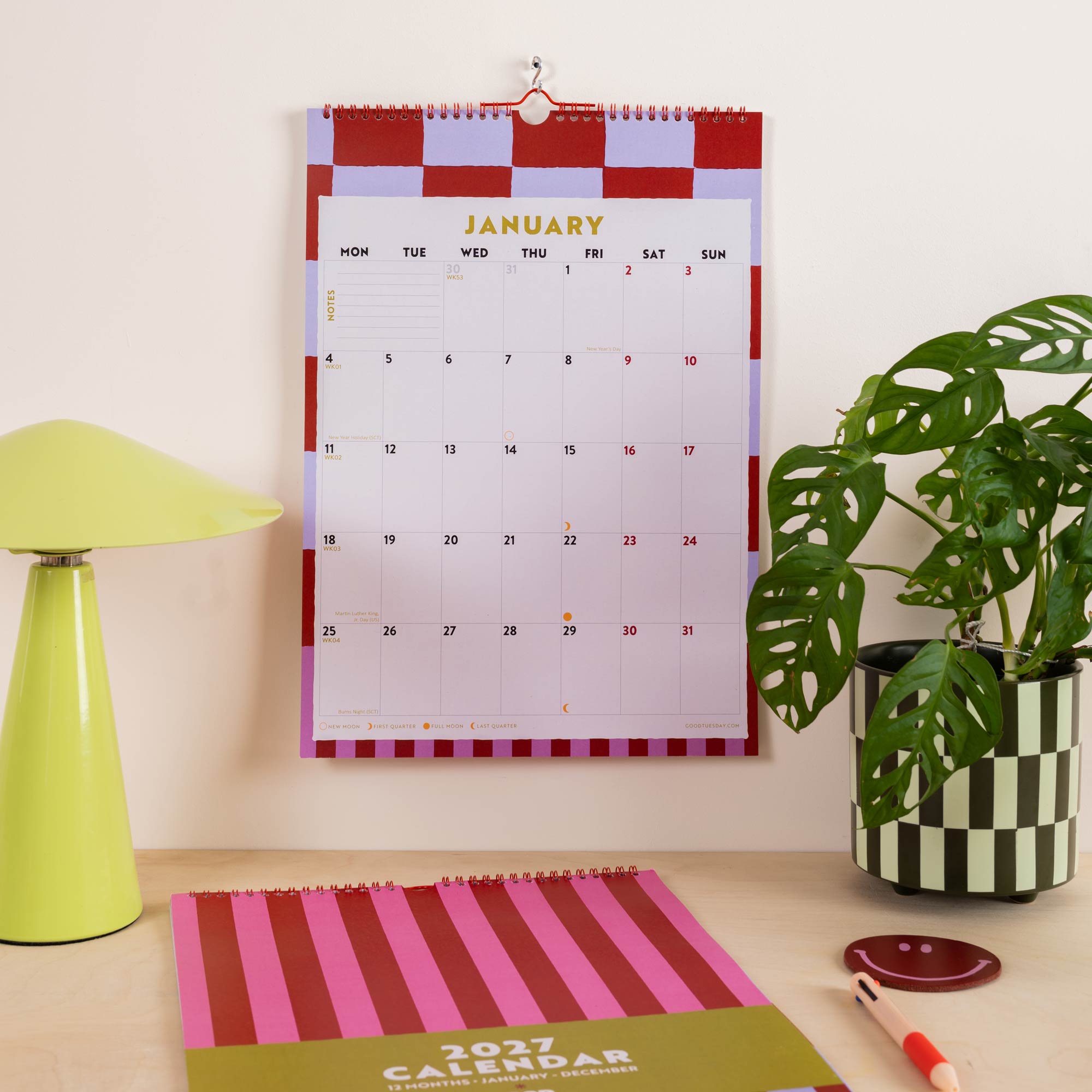 2027 Checks & Stripes A3 Calendar, moon phases and week numbers