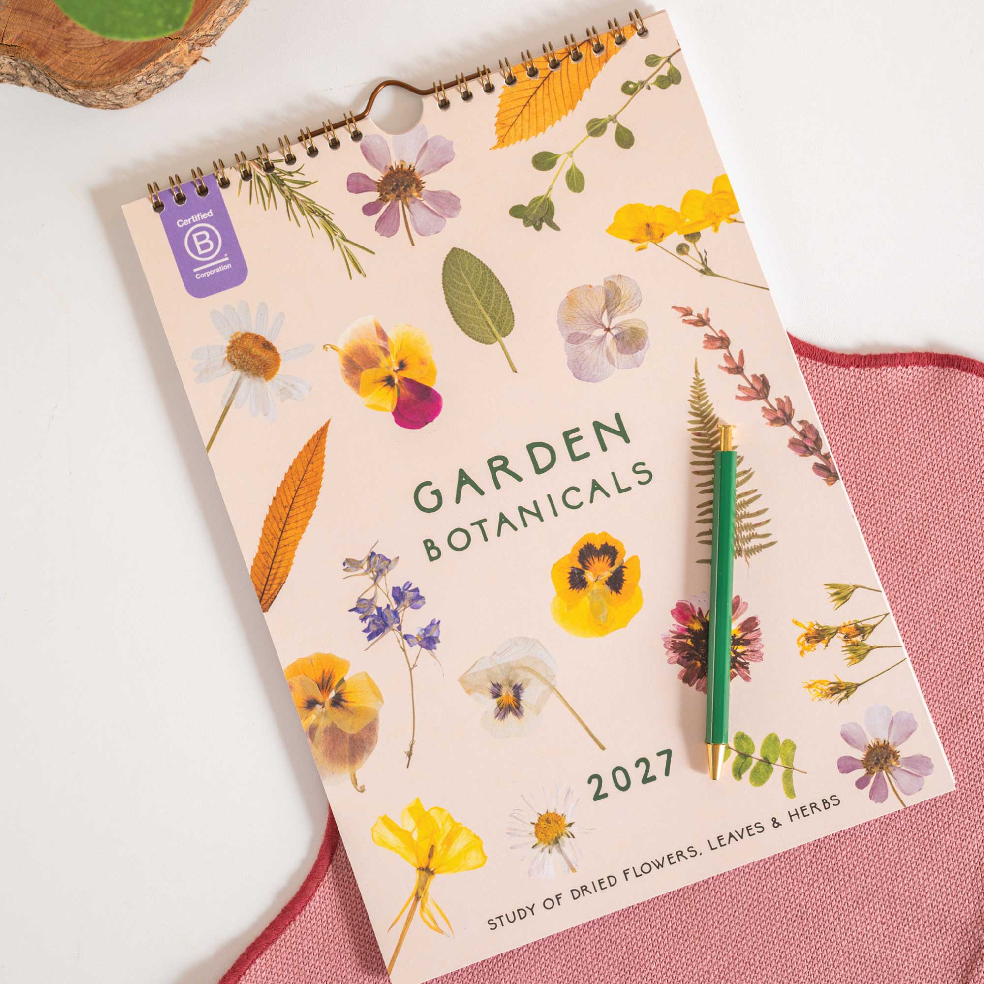 Close up of Garden Botanicals floral illustration on 2027 A4 wall calendar