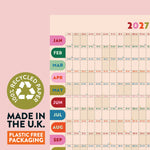 2027 calendar with recycled paper, Made in the UK and plastic-free packaging badges
