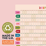2027 calendar with recycled paper, Made in the UK and plastic-free packaging badges