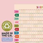 2027 calendar with recycled paper, Made in the UK and plastic-free packaging badges
