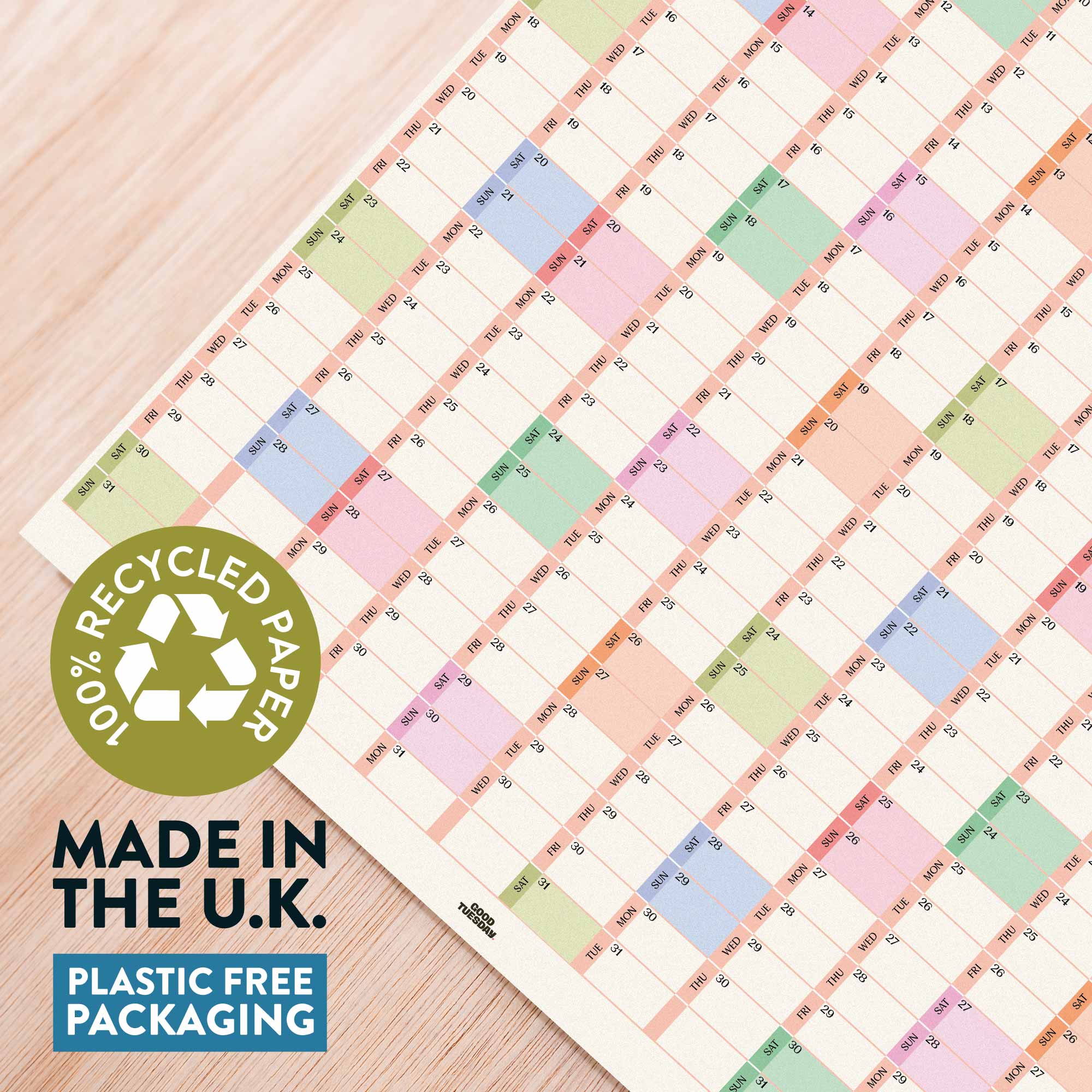 Colorful grid pattern on paper with a recycling logo and text about recycled paper and plastic-free packaging.