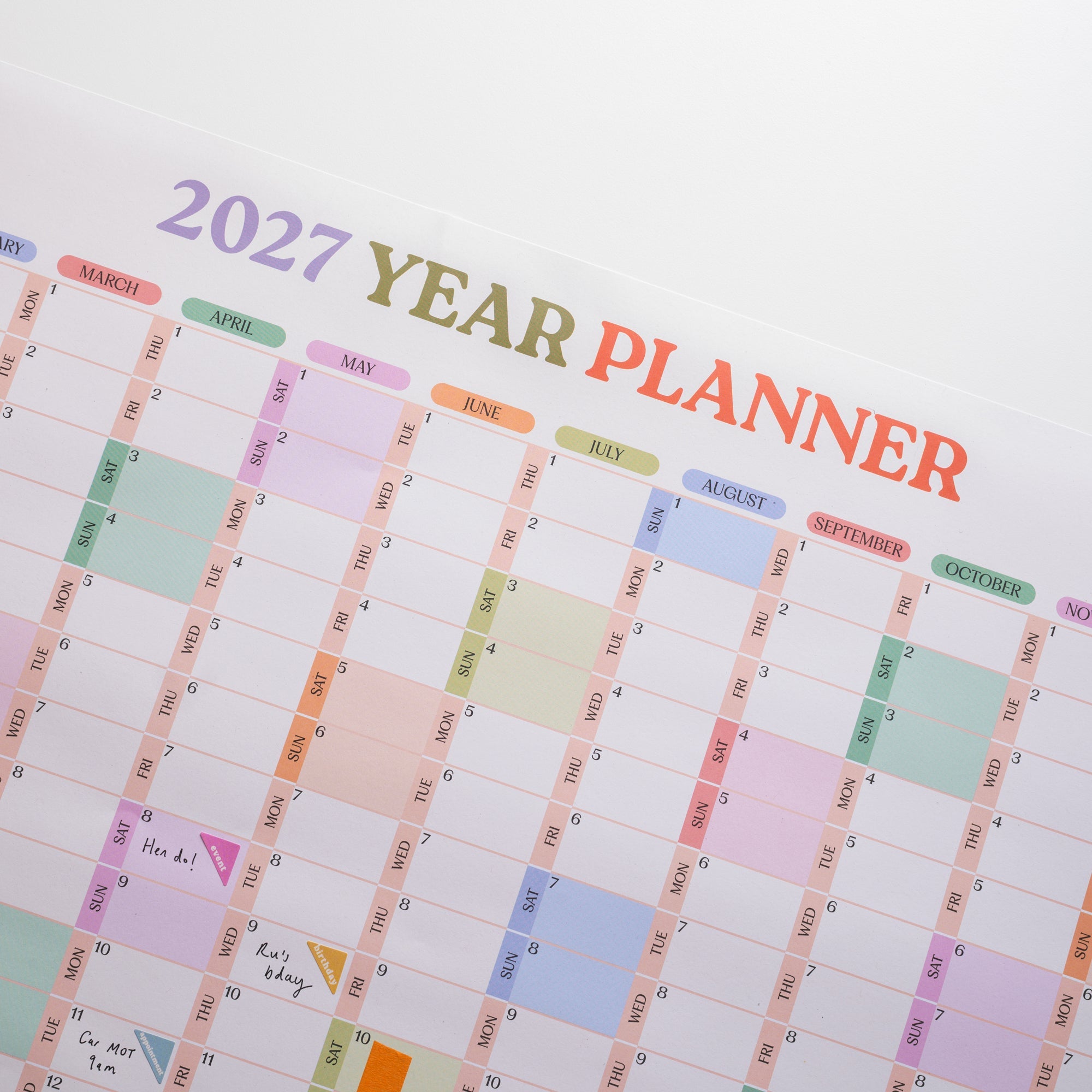 2027 Soft Focus wall planner, week numbers and moon phases included