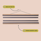 Diagram showing a magnetic picture frame with brass picture pin and strong magnetic grips on a beige background.