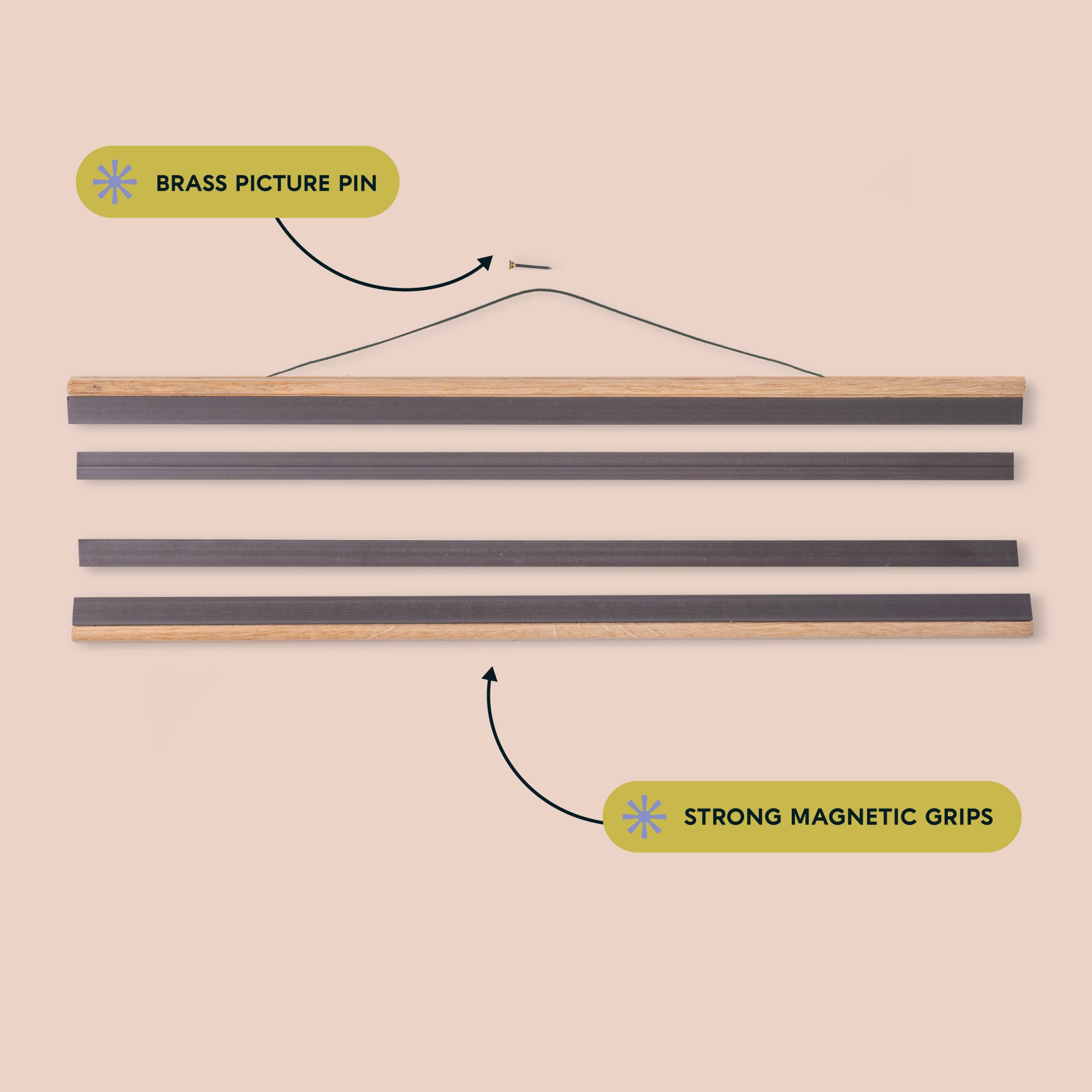 Diagram showing a magnetic picture frame with brass picture pin and strong magnetic grips on a beige background.