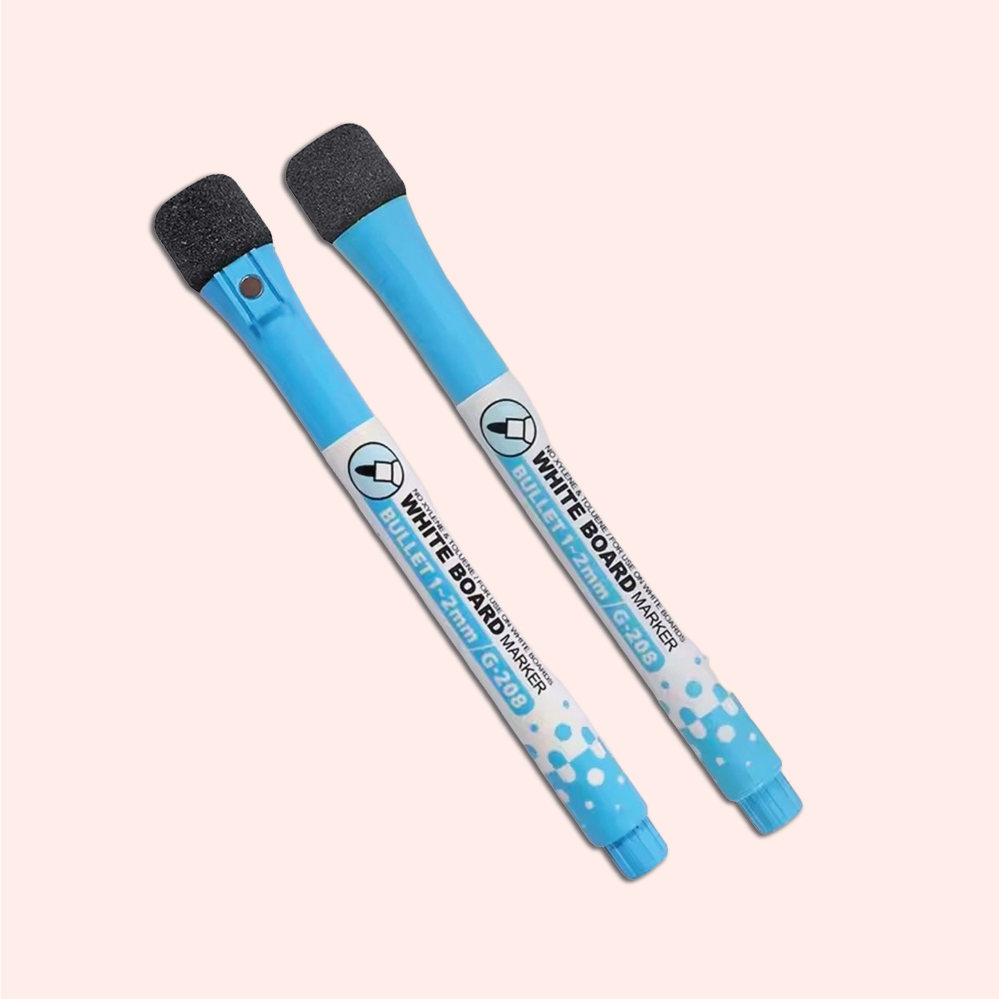 Magnetic dry wipe pen in blue with built in eraser.