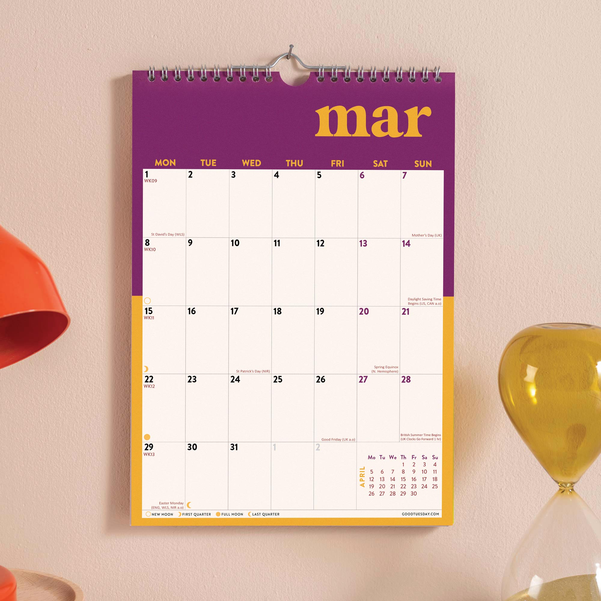 2027 Bold Block A4 Calendar, UK and US holidays, silver wireo binding
