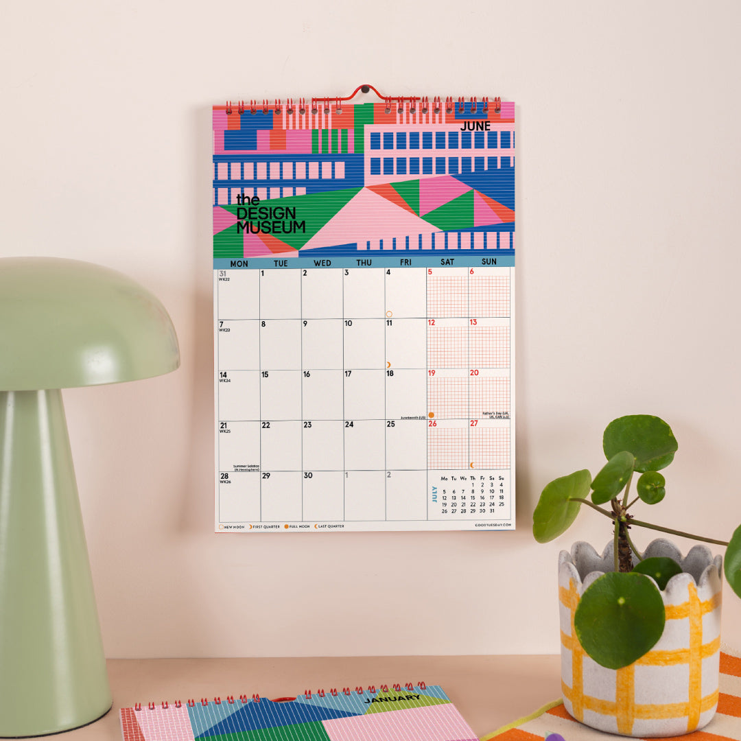 2027 Design Museum Calendar, Bold Type, month to view June with moon phases and mini months