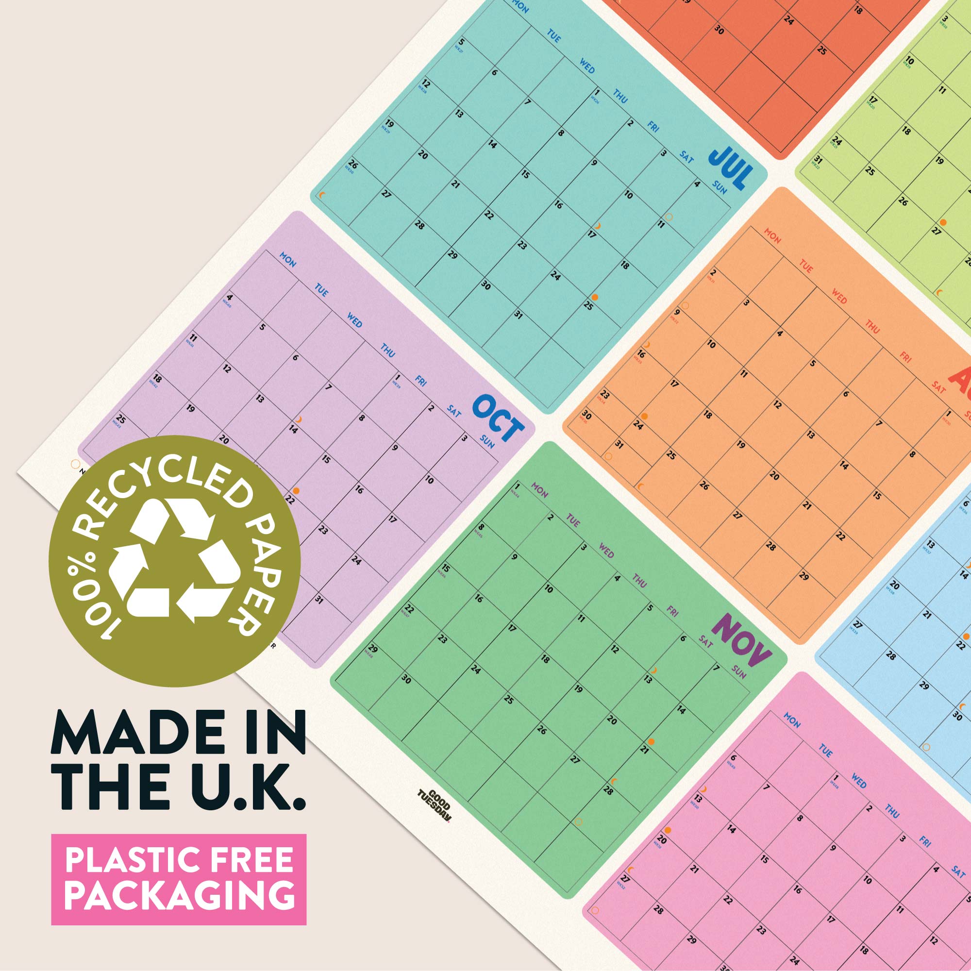 2027 Colourburst Wall Planner, weekends highlighted, 150gsm paper