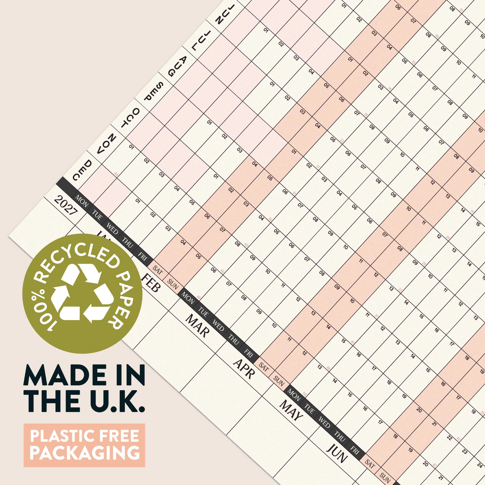 2027 Minimalist Wall Planner, weekends highlighted, 150gsm recycled paper
