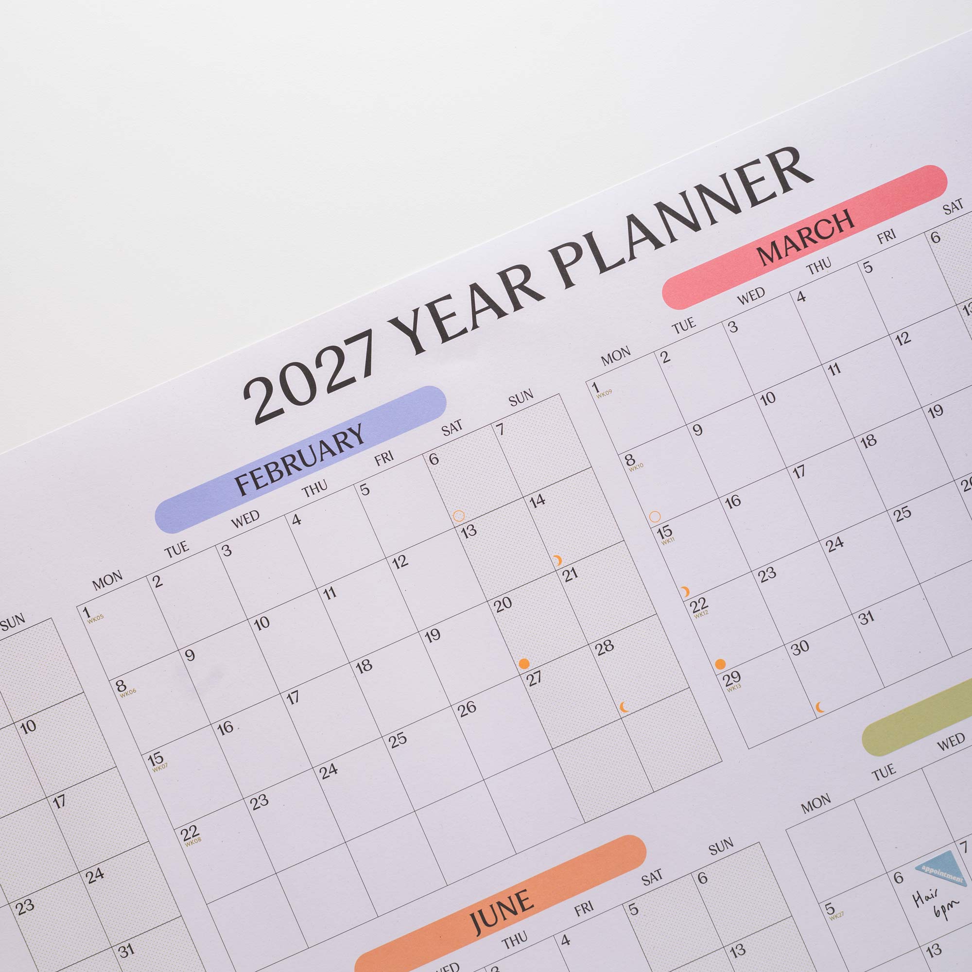 2027 Pastel Monthly Grid wall planner, week numbers and monthly grid layout