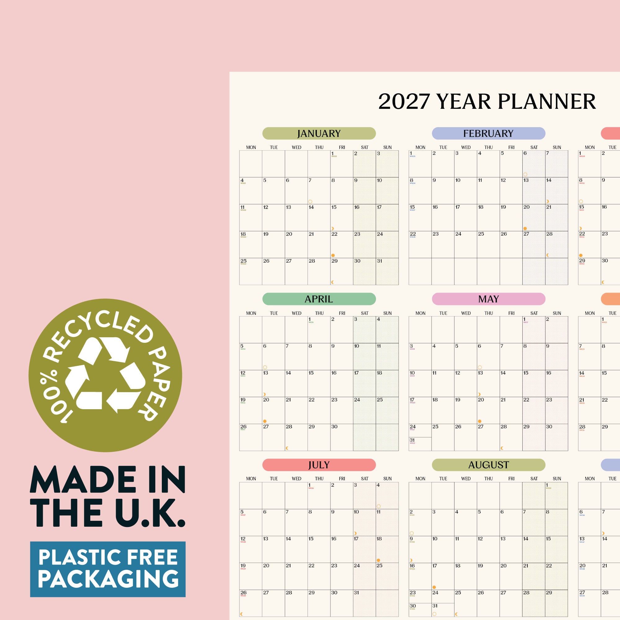 2027 Pastel Monthly Grid Wall Planner on recycled paper with 'Made in the U.K.' and 'Plastic Free Packaging' text.