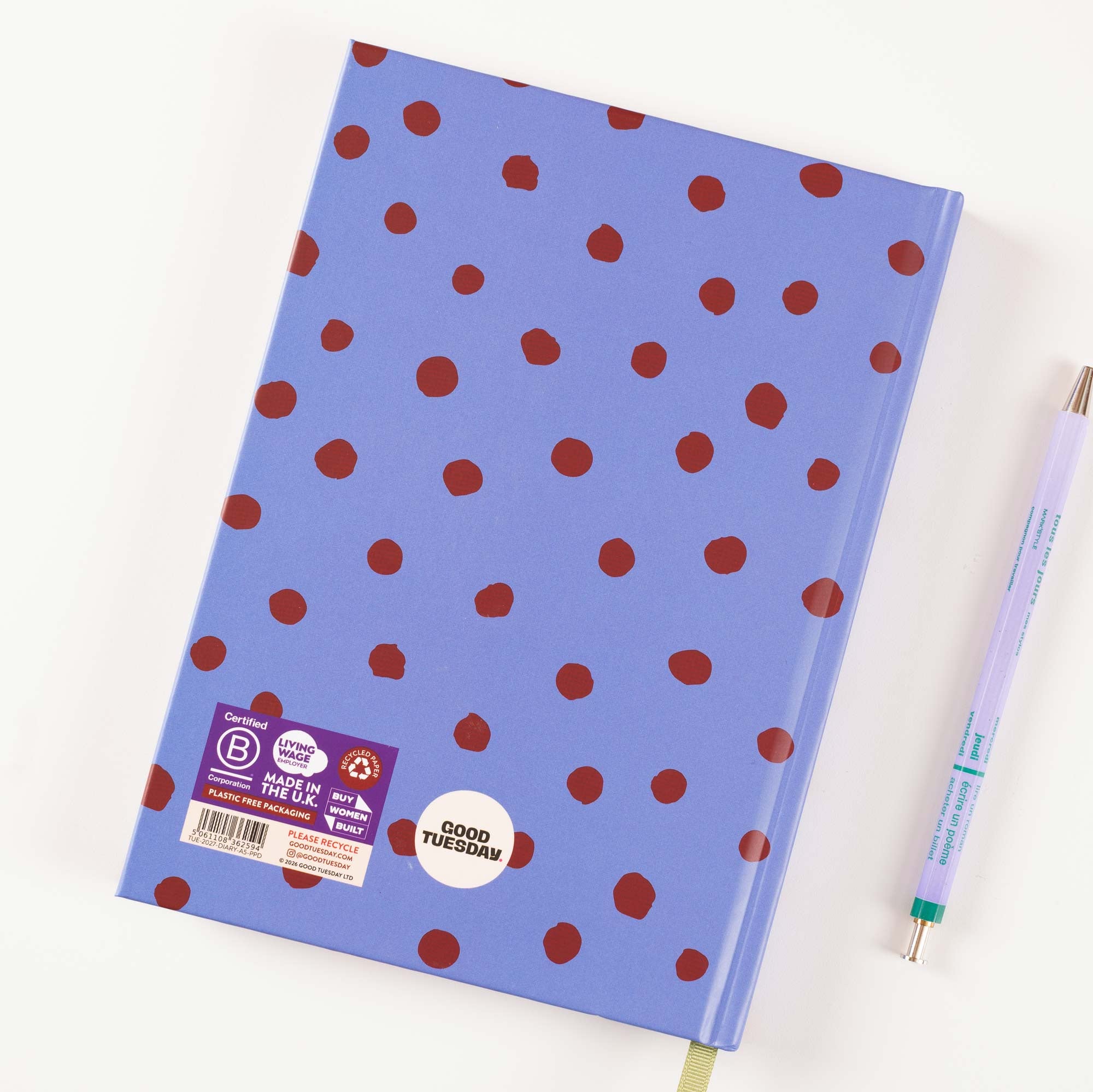 2027 Purple Polka A5 Diary, moon phases and week numbers