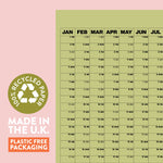 Matcha green 2026 wall planner, portrait, weekends in different font. Year to view. 100% recycled paper, made in the UK, plastic free packaging. 