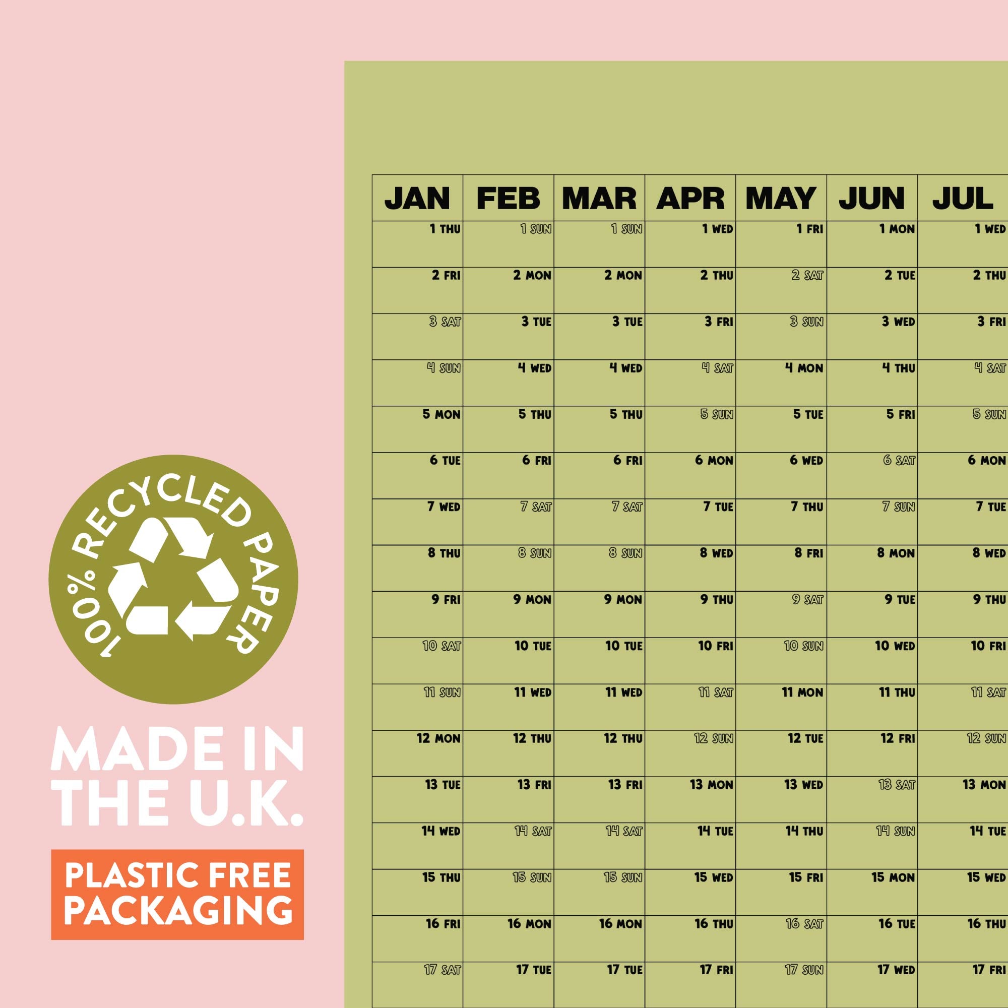 Matcha green 2026 wall planner, portrait, weekends in different font. Year to view. 100% recycled paper, made in the UK, plastic free packaging. 