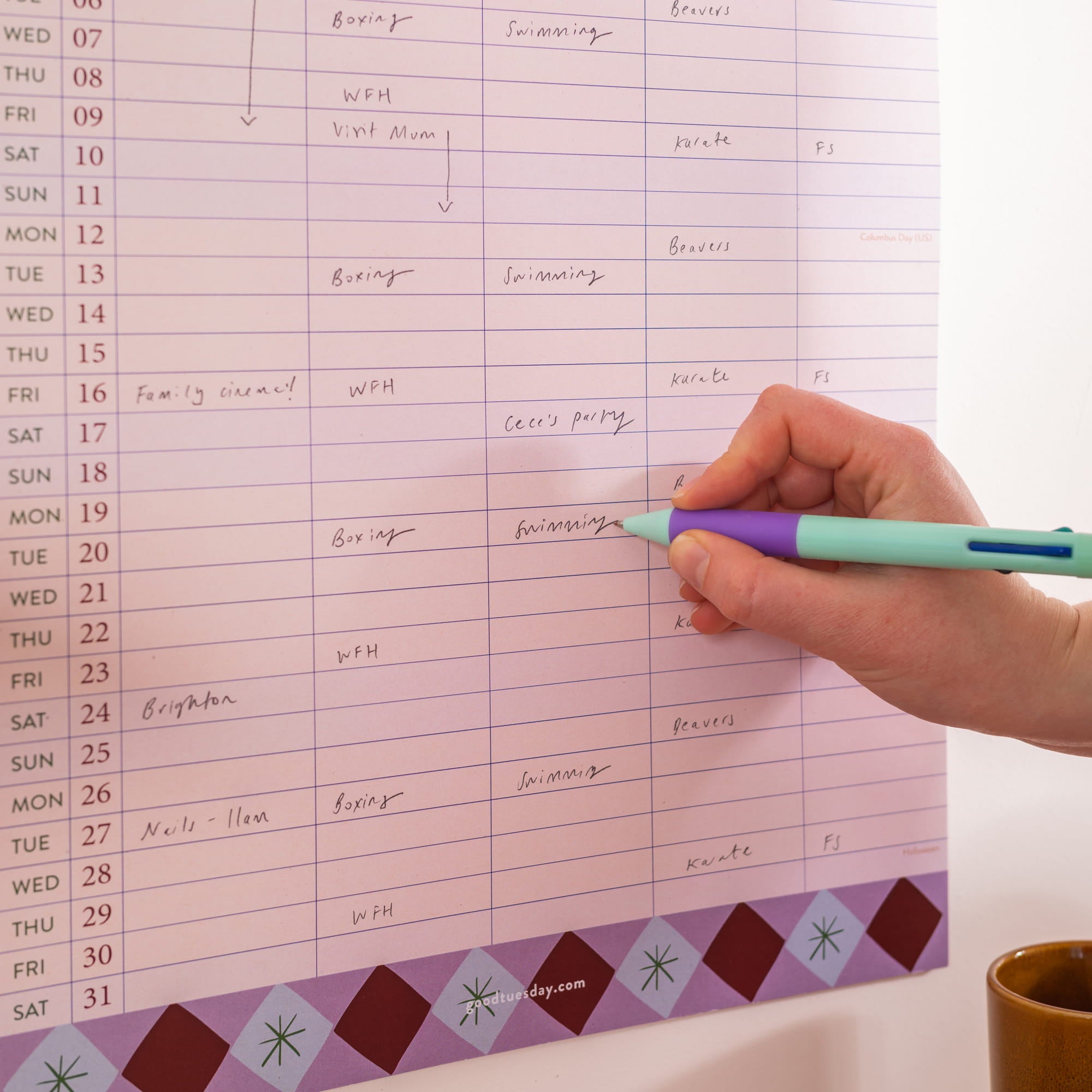 Month page of 2026–2027 family planner with five columns for organising schedules