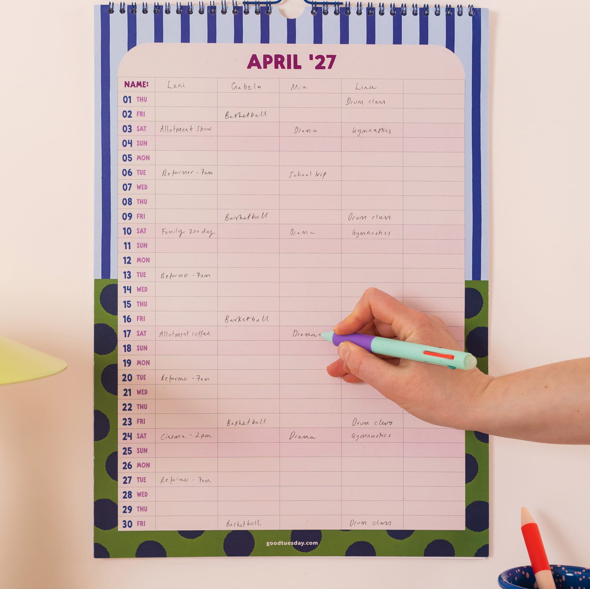 A3 family wall planner in use with activities appointments and school plans organised