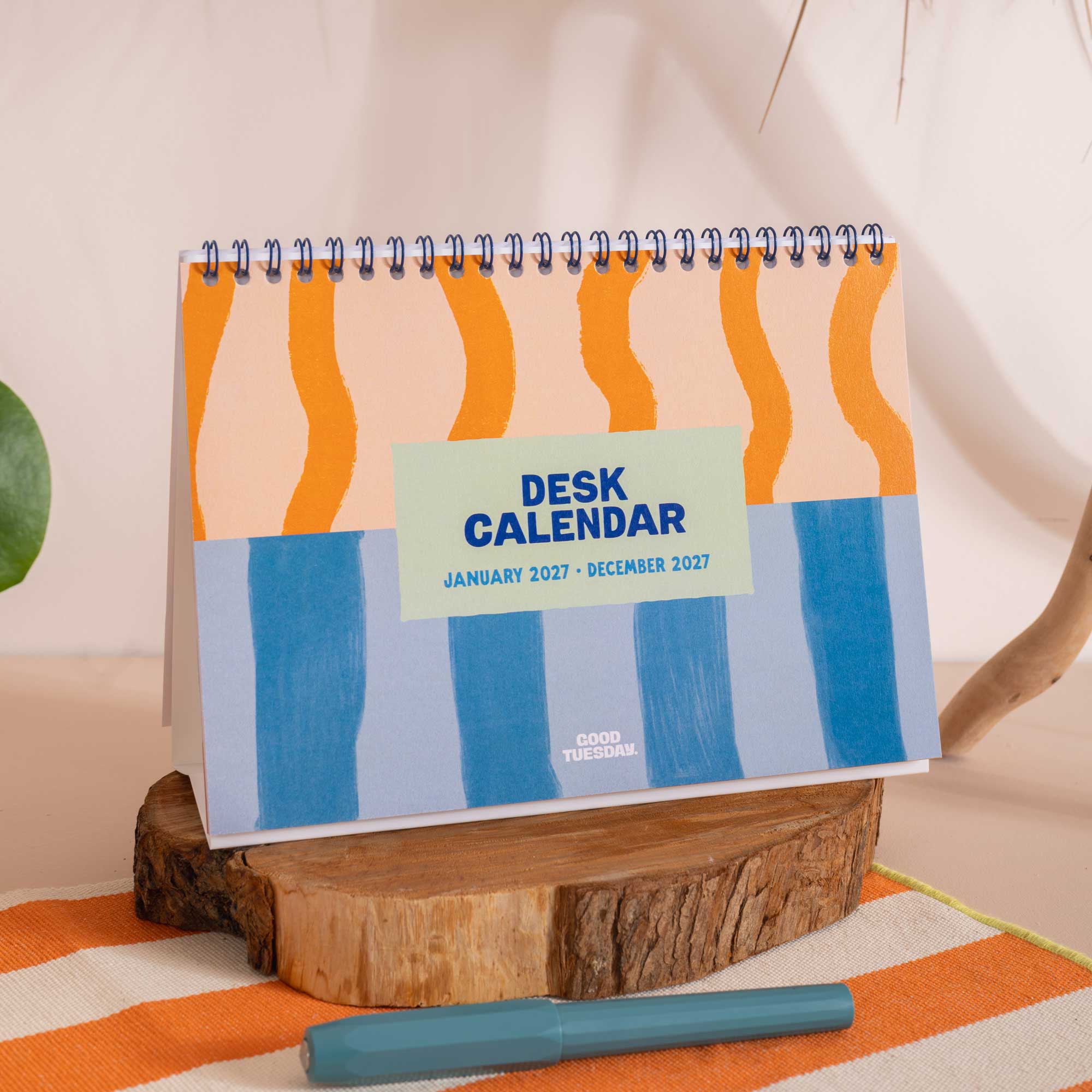 Blue wire-o binding with built-in stand, 2027 Coastal Stripe Desk Calendar
