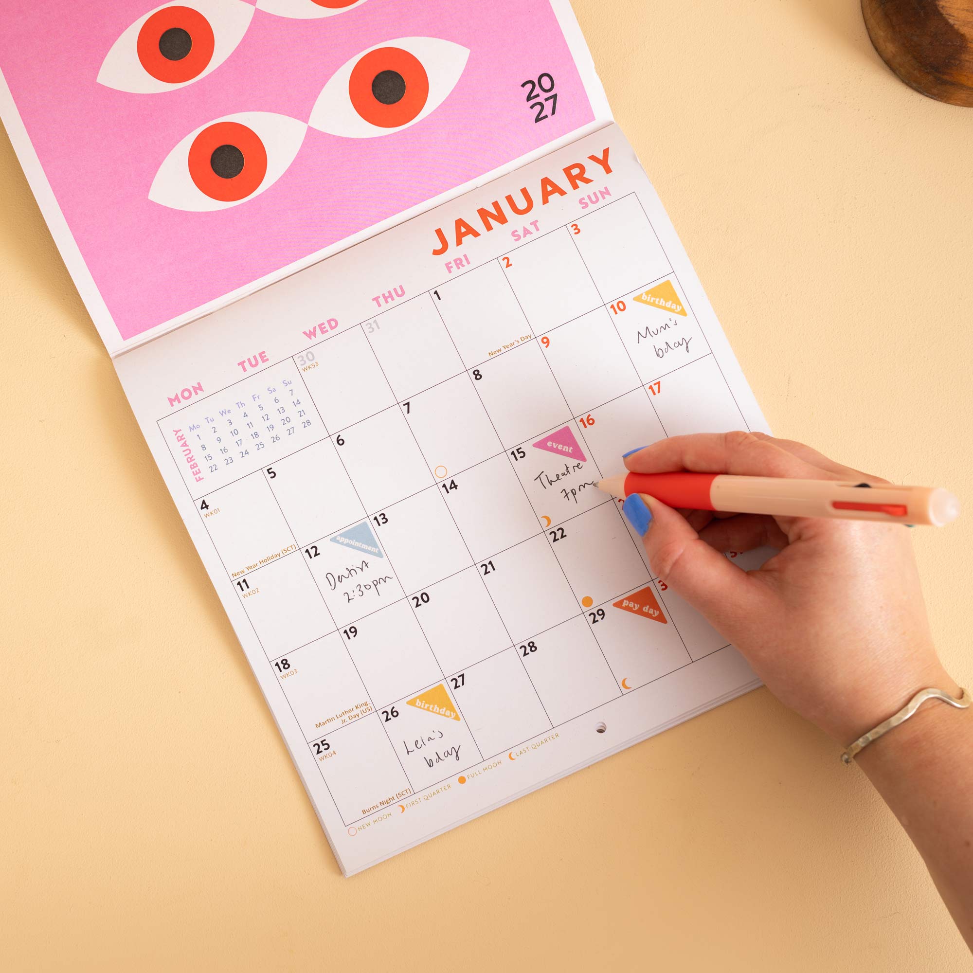 2027 Modernist Wall Calendar, moon phases, week starts Monday