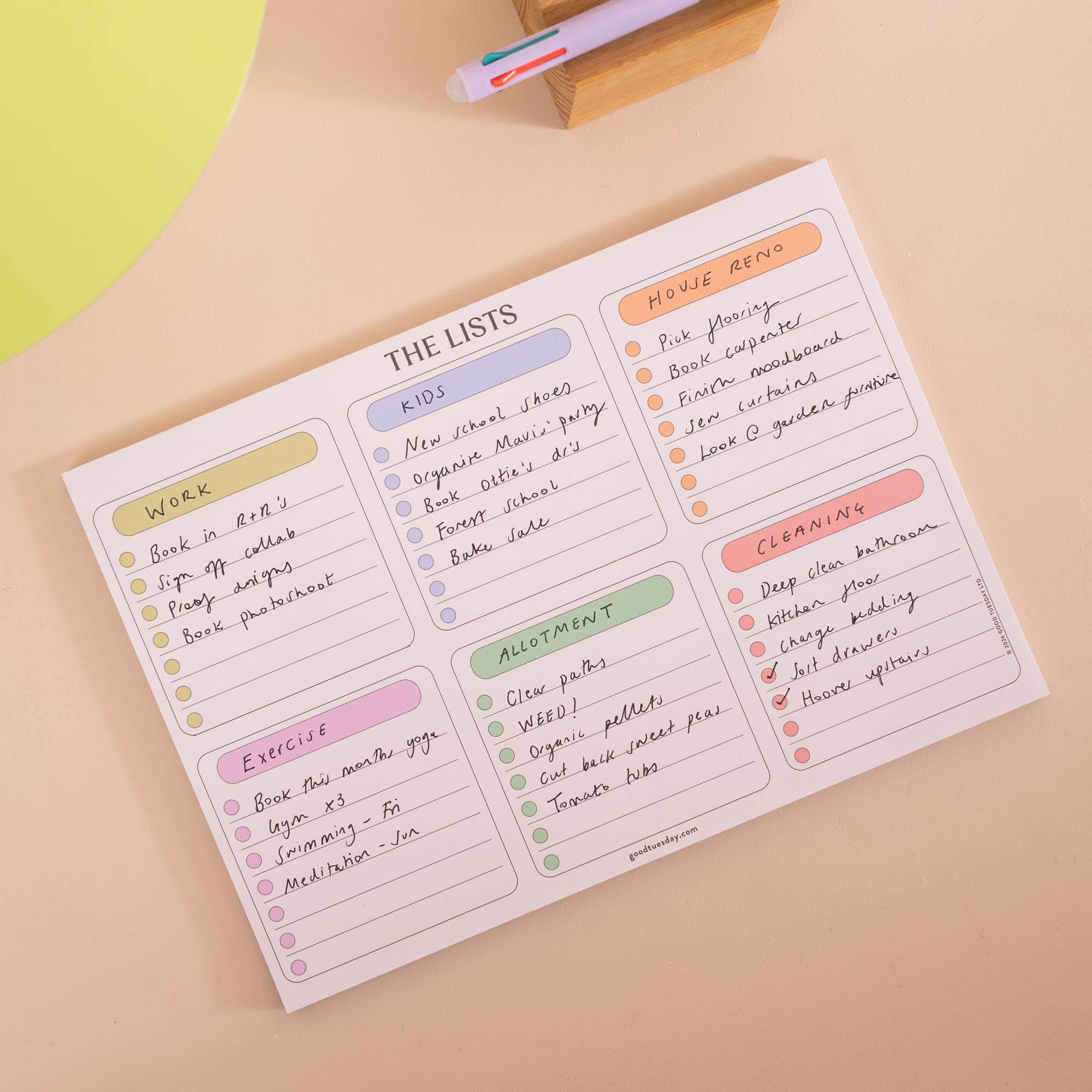 Six-section to-do list with pastel colour-coded headers, A4 format
