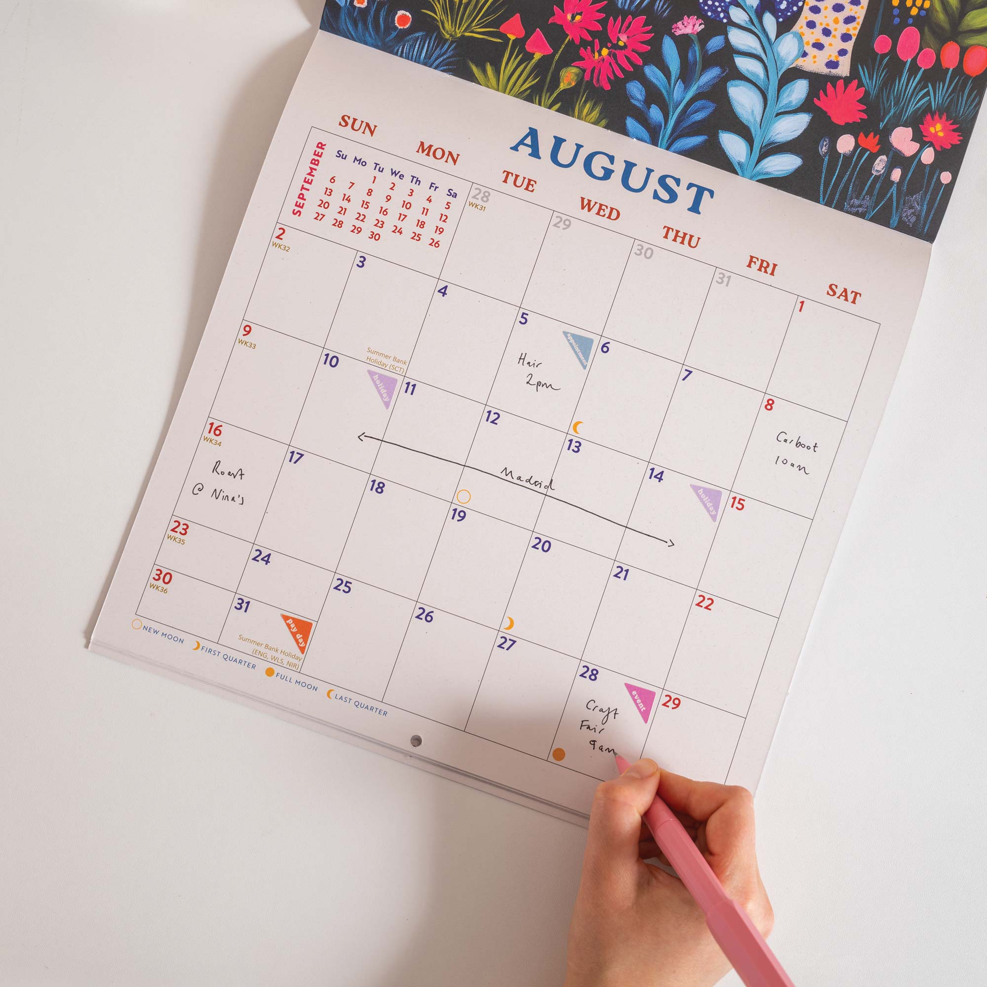 2026 Calendar with August bold floral design, generous boxes for writing, week starts on a sunday