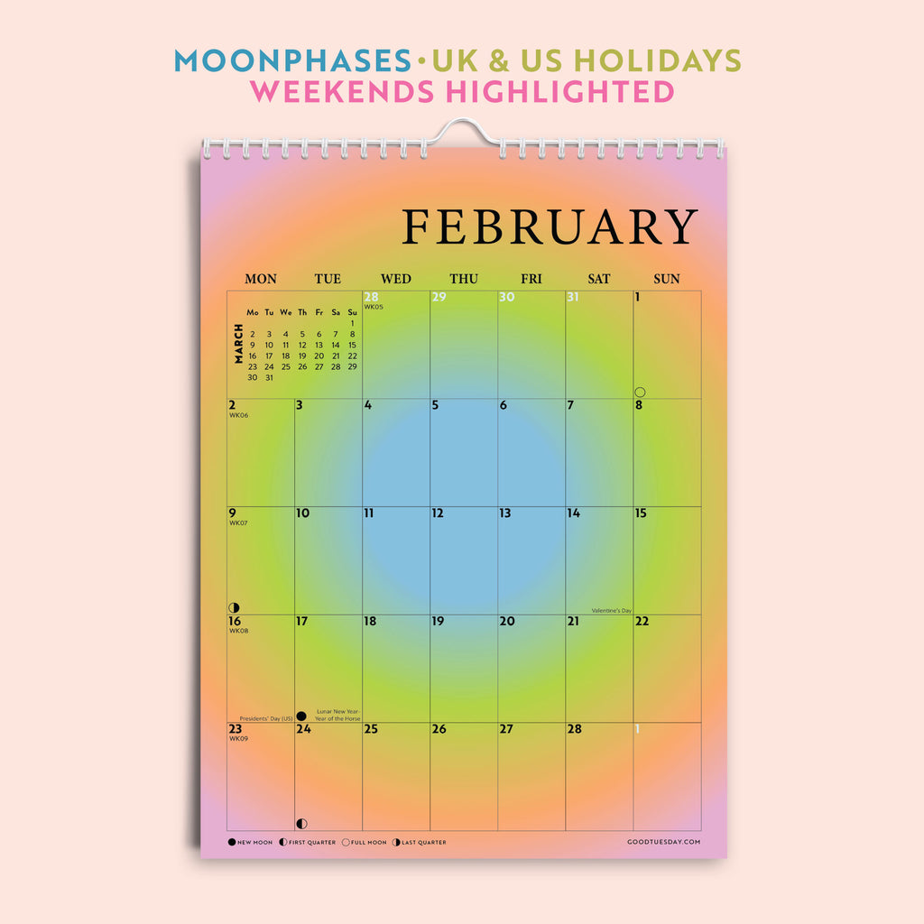 Calendar for 2026 with moon phases and holidays highlighted on a gradient background