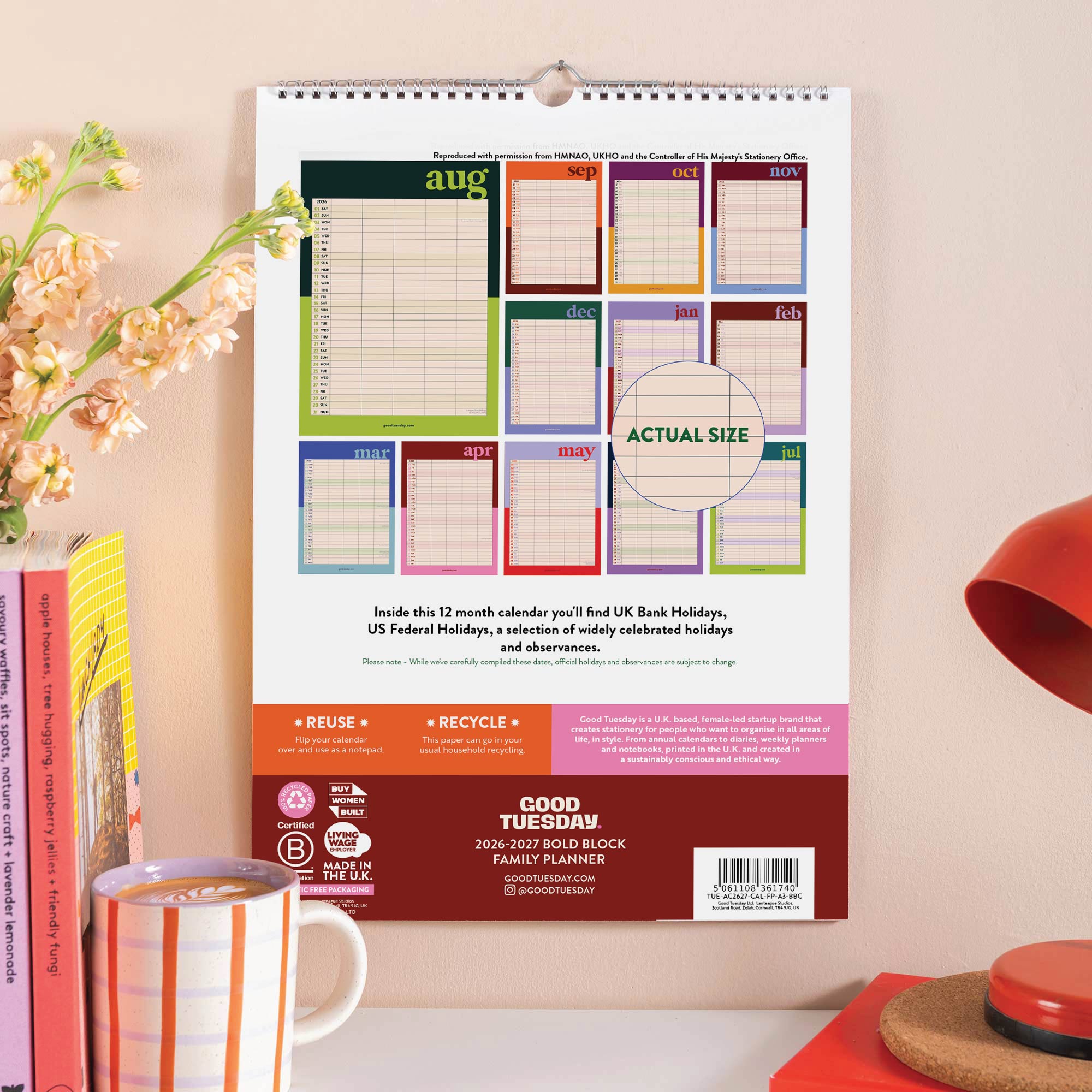 Back of 2026 to 2027 A3 family wall calendar with ring binding and wall hanging loop