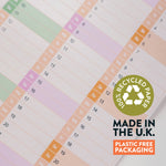 Colourful 2027 Wall Planner with recycled paper and plastic-free packaging labels.