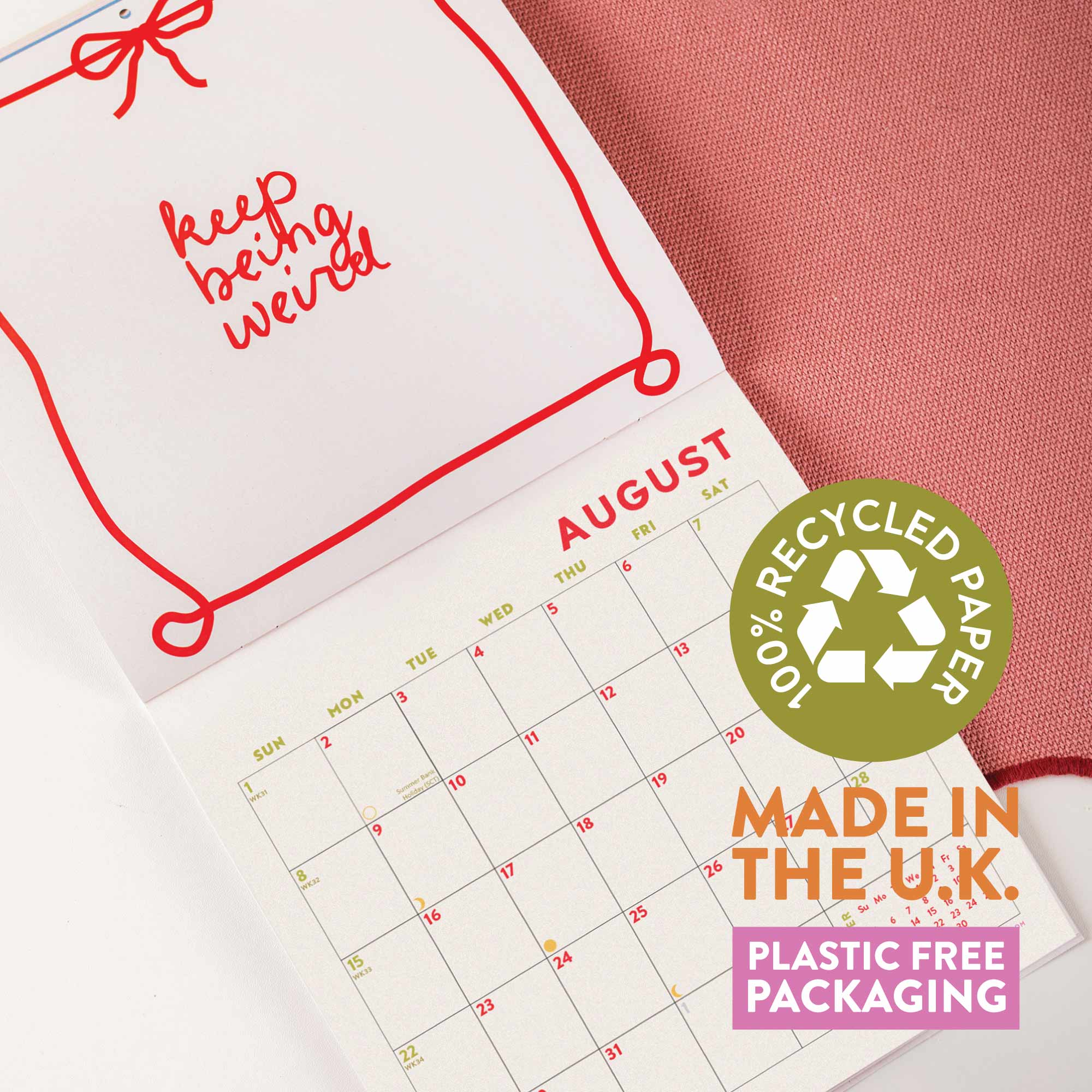 infographic showing an open calendar with badges on saying 100% recycled paper, made in the UK and Plastic Free Packaging. 