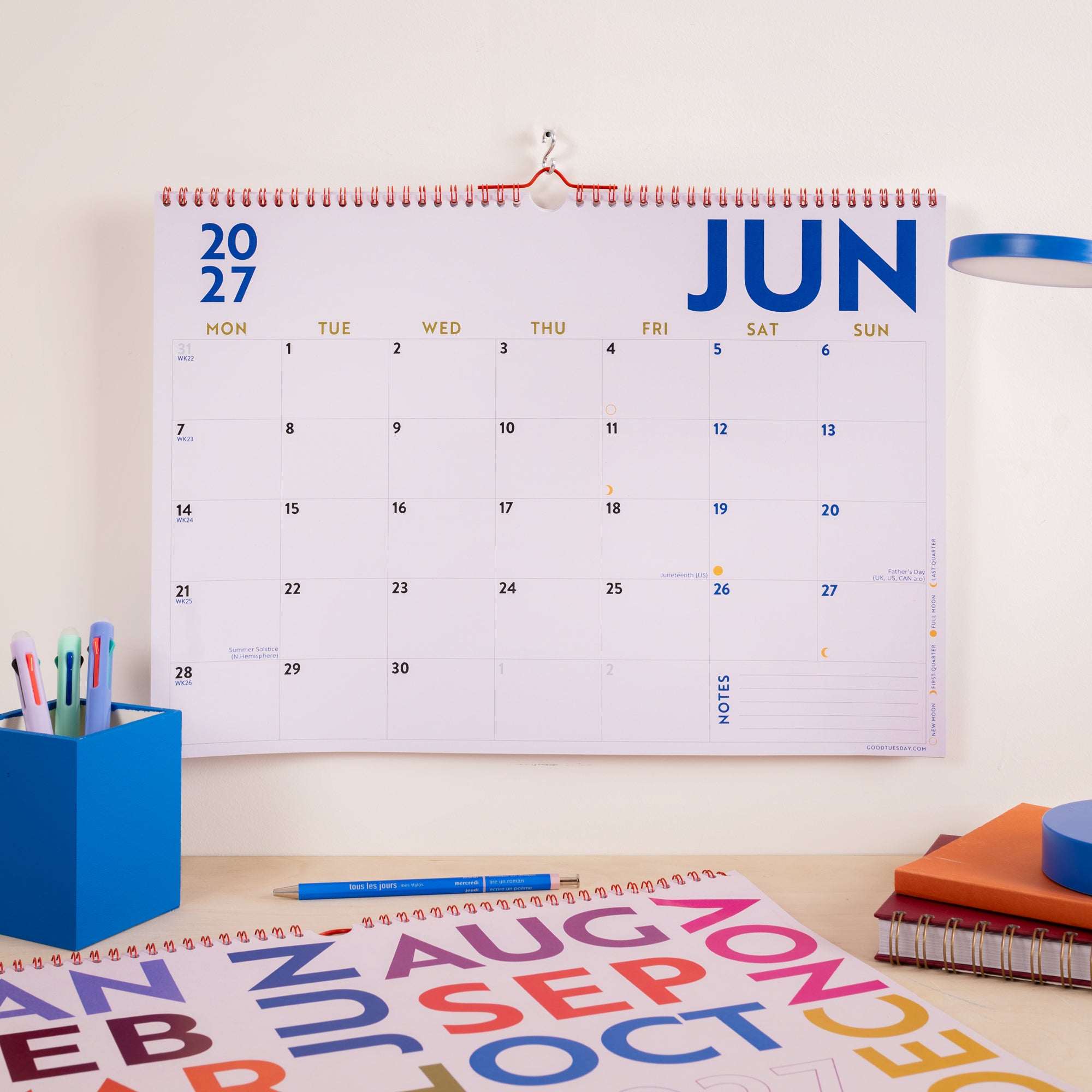 2027 Simply Bright A3 Landscape Calendar, moon phases and week numbers