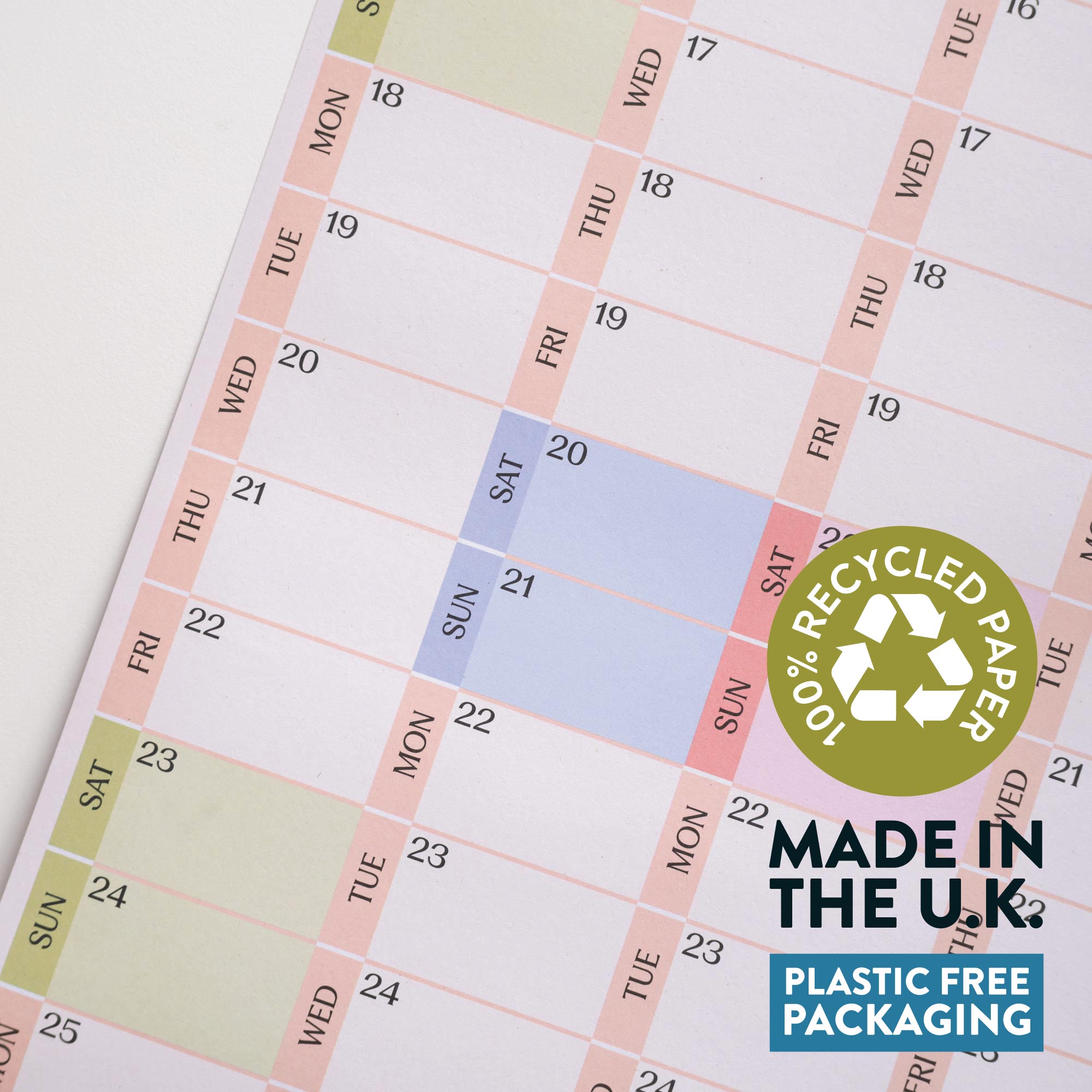 A1 wall planner, 150gsm recycled paper, plastic-free packaging