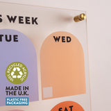 Close up of daily arches on A4 reusable weekly planner with spacious layout. 100% recyked acrylic lable. Made in the UK. Plastic Free Packaging. 
