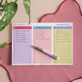 Close up of triple section to do list pad with clear categories for planning