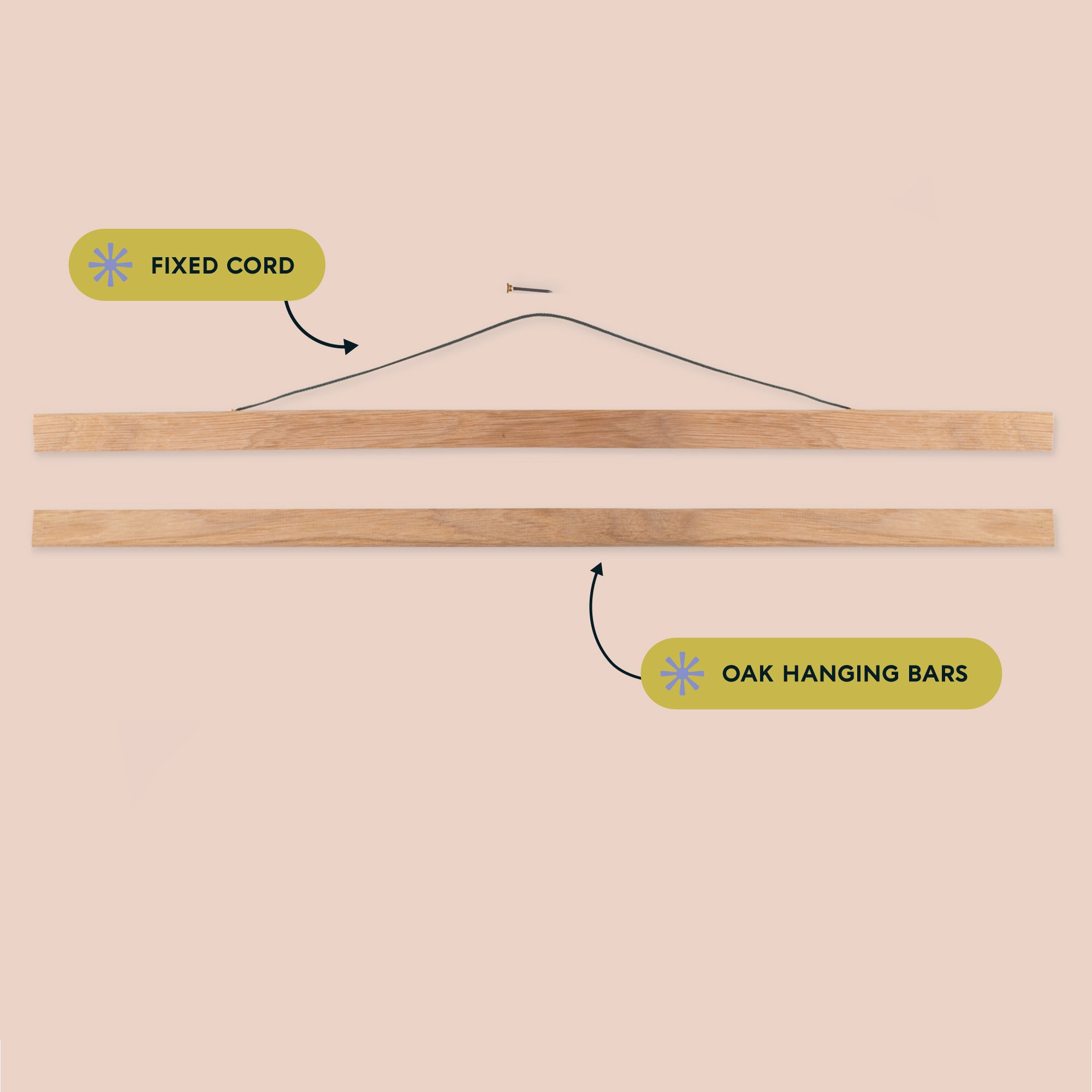 Oak hanging bars with fixed cord on a beige background