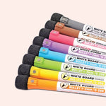 Grey, brown, pink, purple, blue, green, yellow and orange dry wipe pens. All 8 are included.
