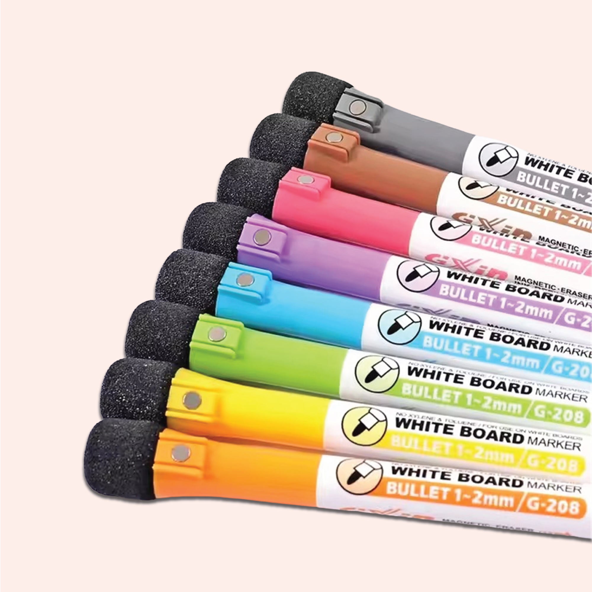 Grey, brown, pink, purple, blue, green, yellow and orange dry wipe pens. All 8 are included.